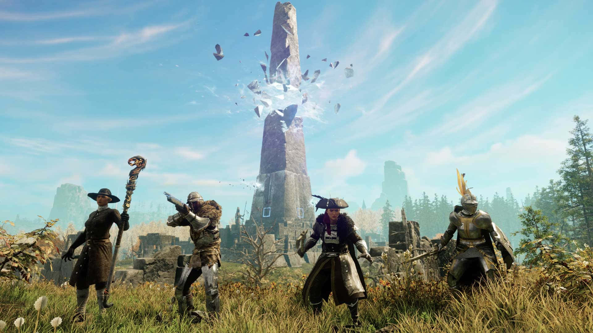 The Characters Are Standing In A Field With A Tower Background