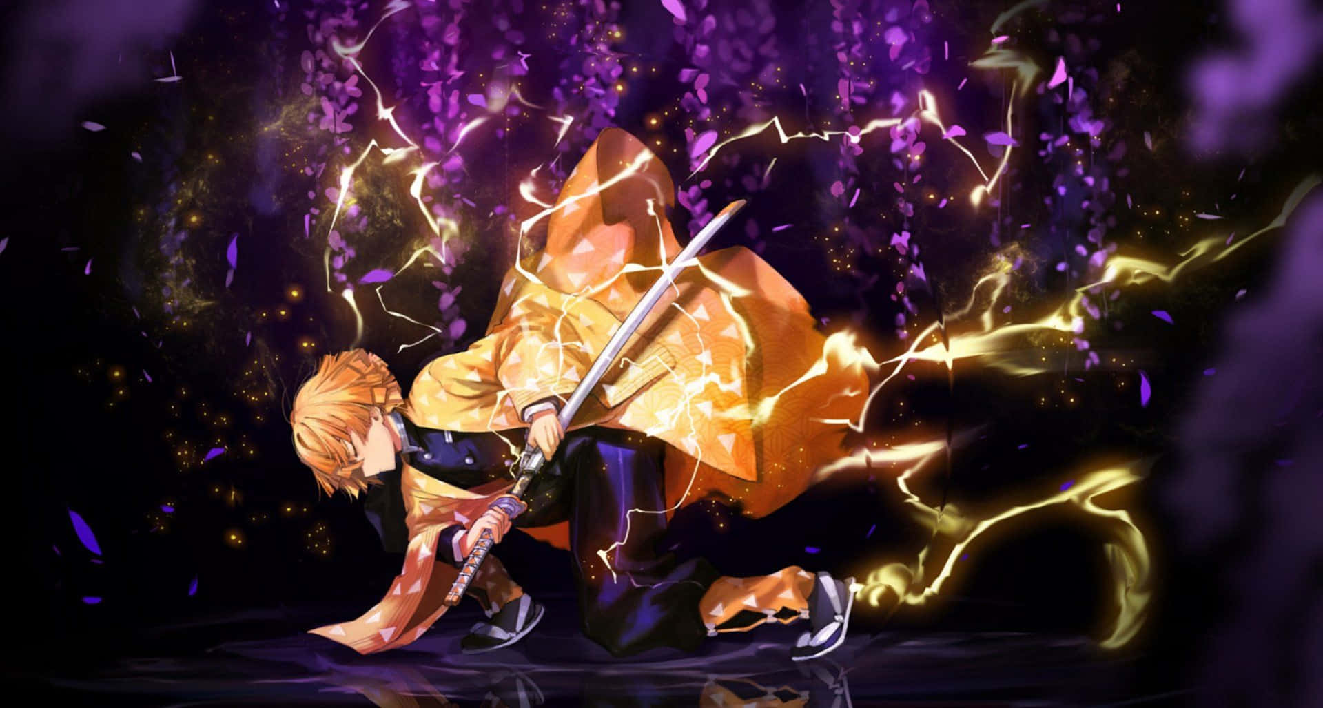 The Courageous Zenitsu Agatsuma Fights Bravely Against A Demon. Background