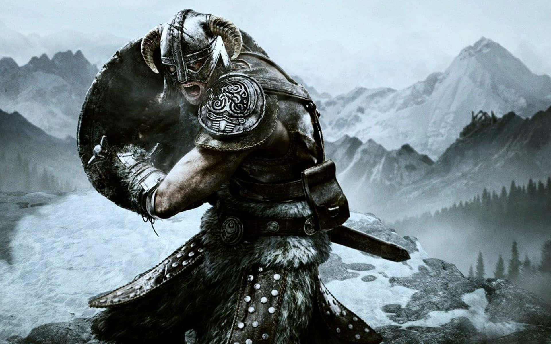 The Dovahkiin, Dragonborn Hero Of Skyrim, Standing Strong Against The Backdrop Of Nordic Scenery Background