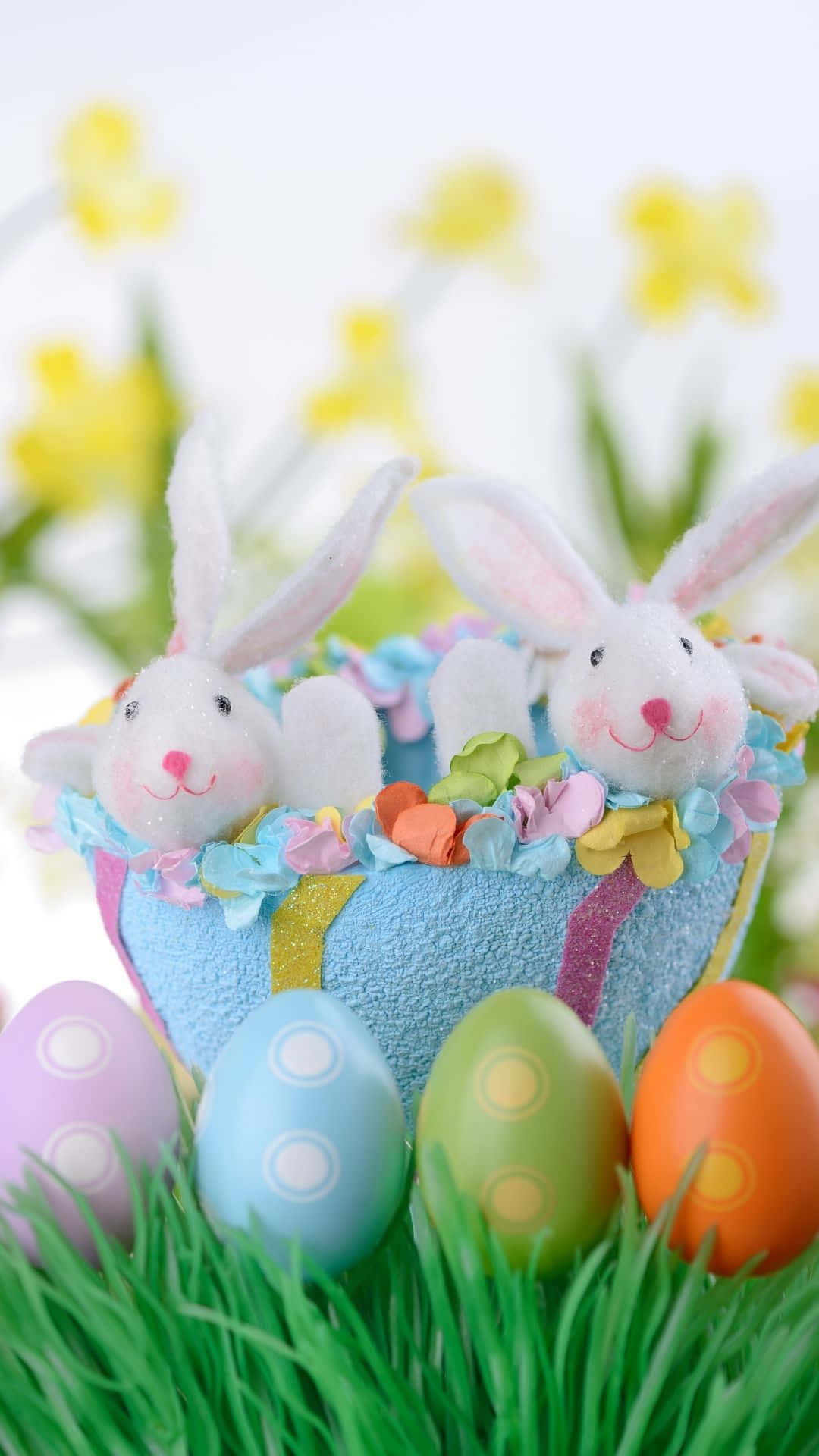 The Easter Bunny Bringing A Basket Of Flowers And Chocolate Eggs For You. Background