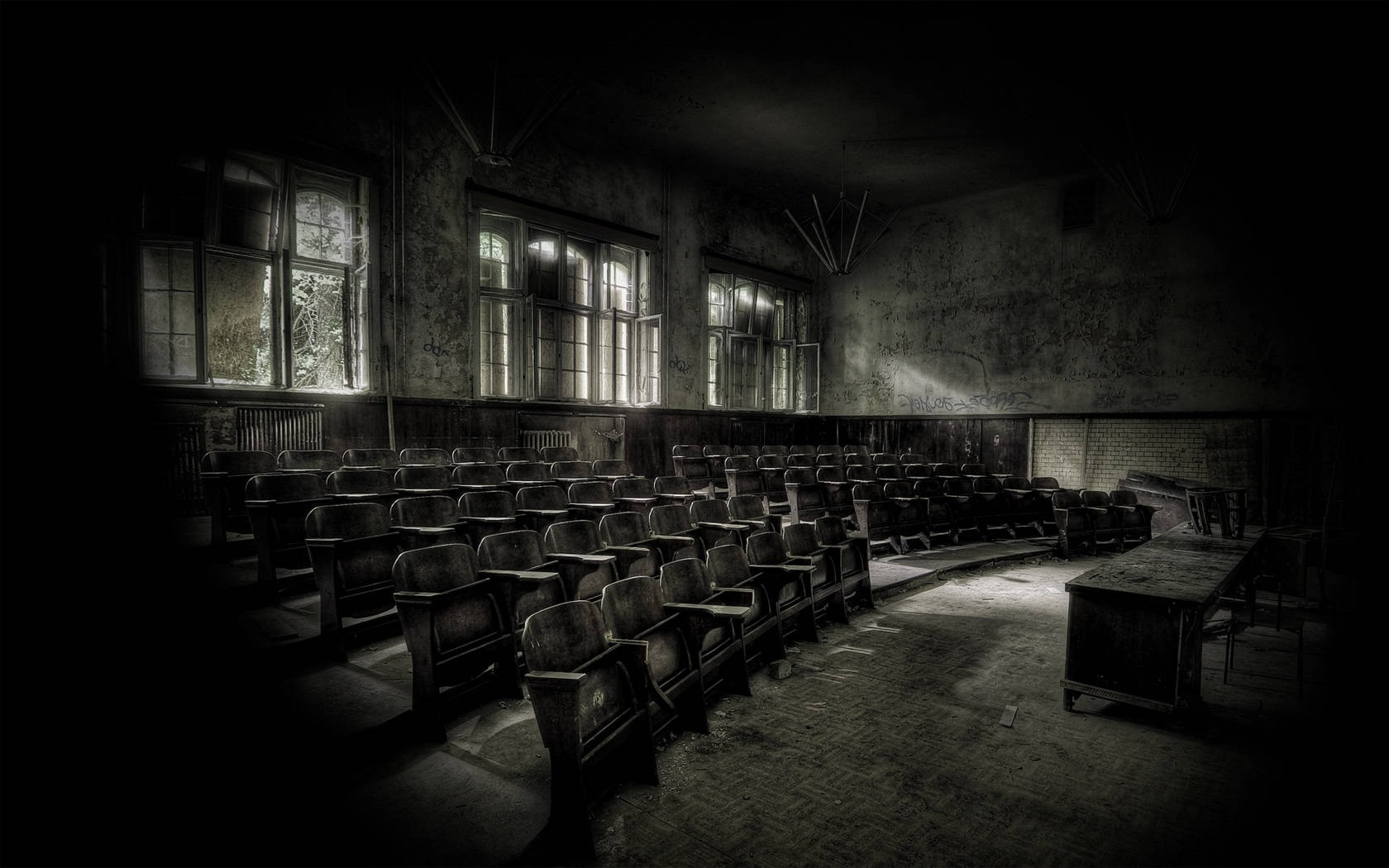 The Eerie Silence Of A Dimly Lit, Deserted Classroom. Background