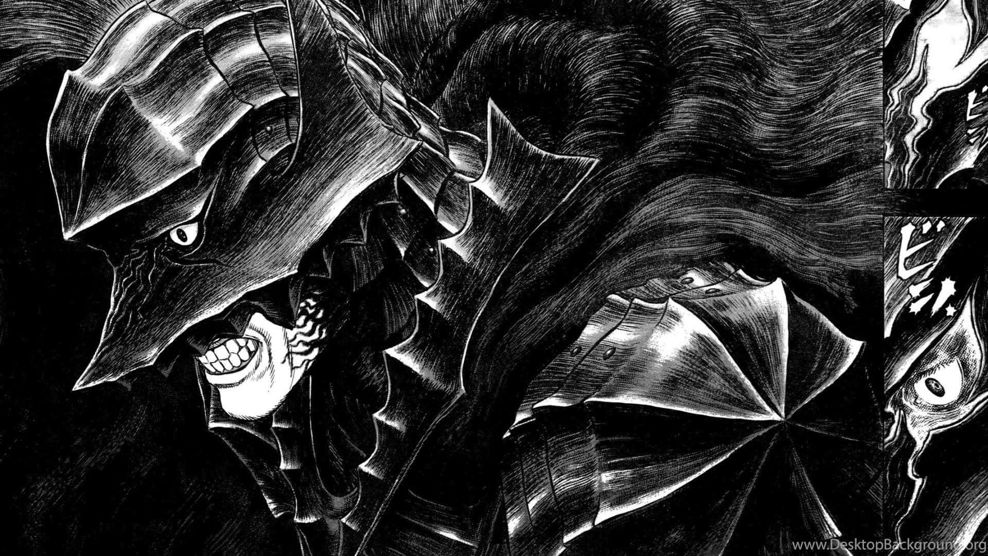 The Epic Hero Guts Riding Atop A Giant Black Dragon In The Berserk Manga. Background