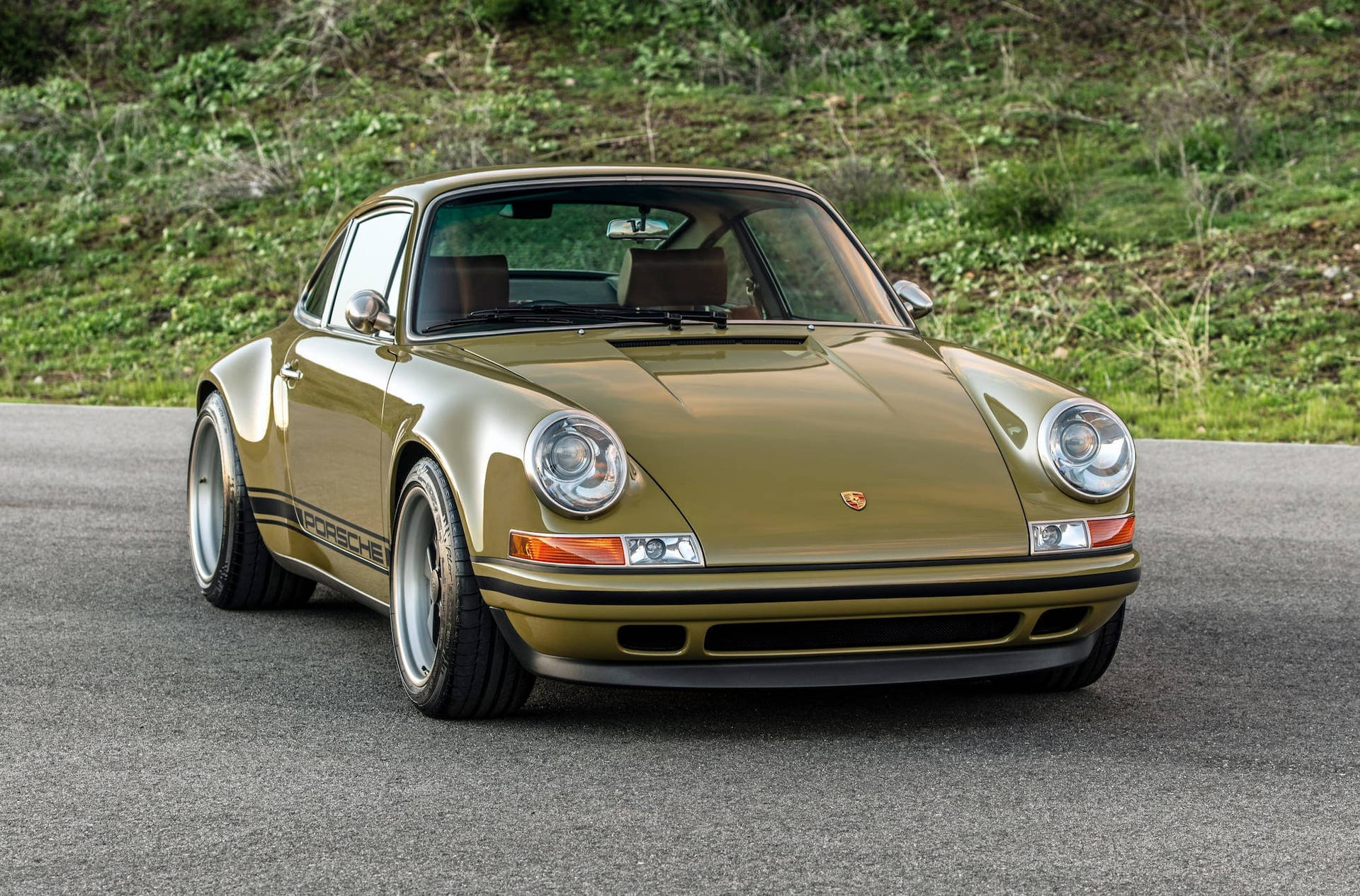 The Exquisite Olive-brown Singer Porsche Showcased In Its Full Glory Background
