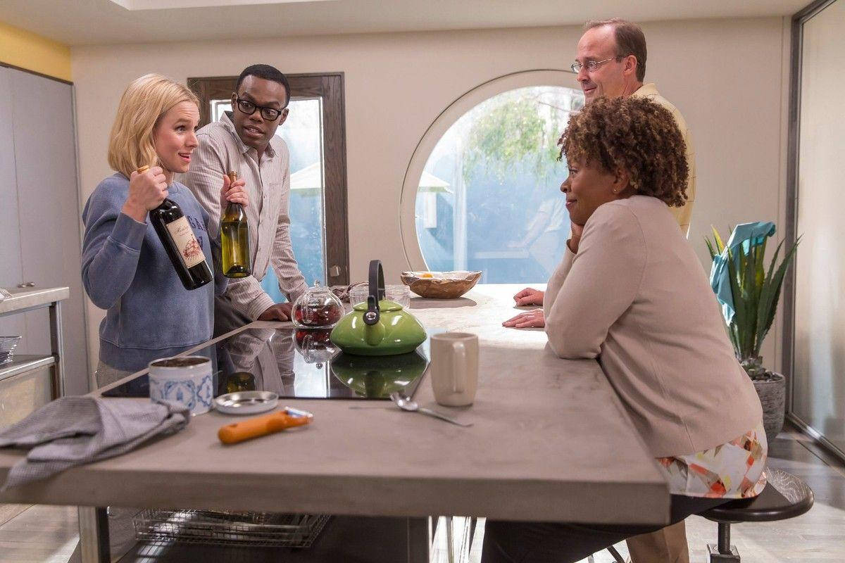 The Good Place Characters On A Dining Table Background