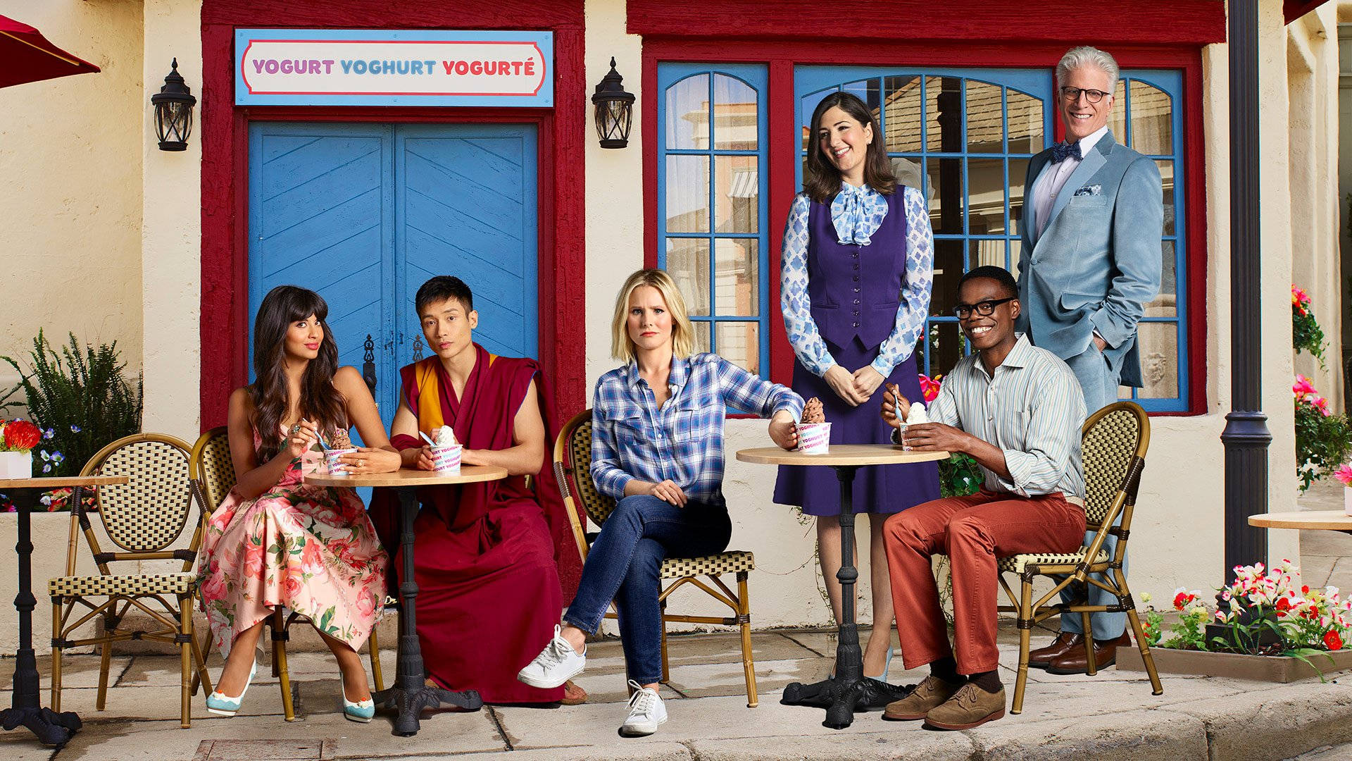 The Good Place Characters Outside A Dining Background