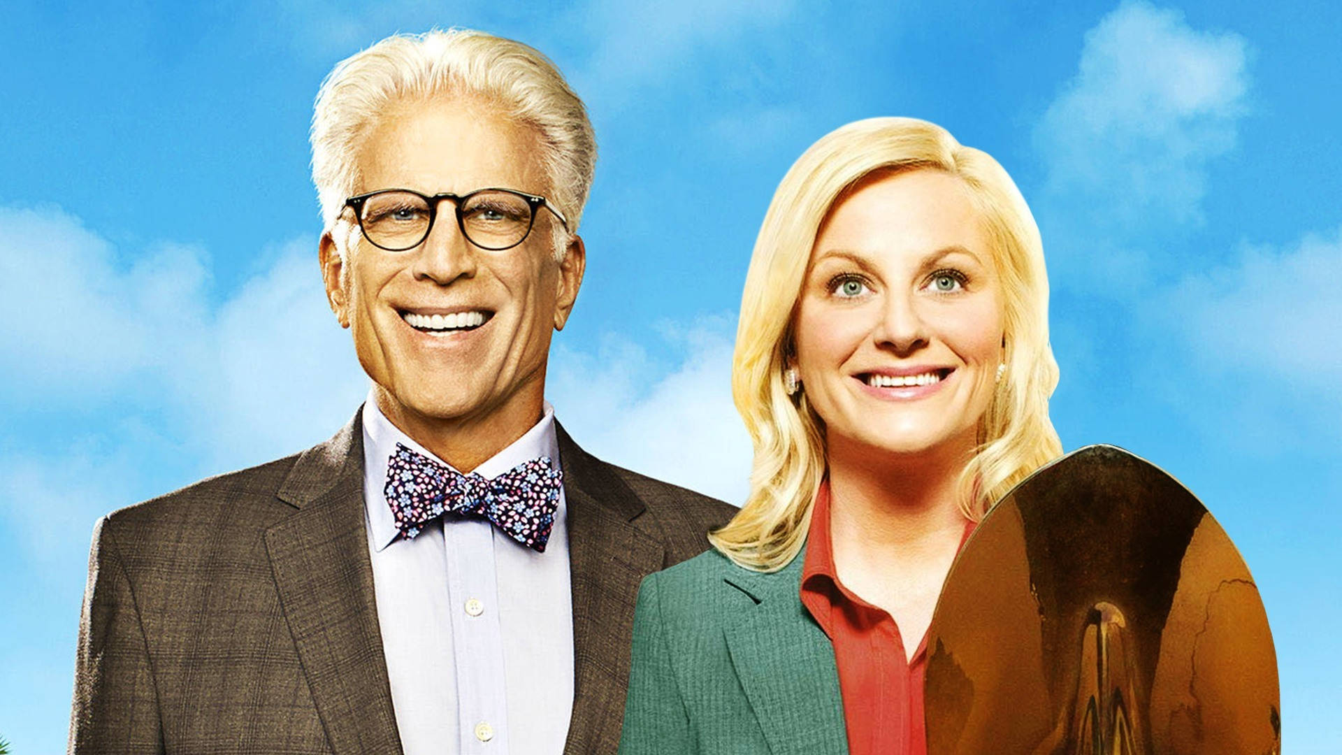 The Good Place Michael And Eleanor On Blue Sky Background