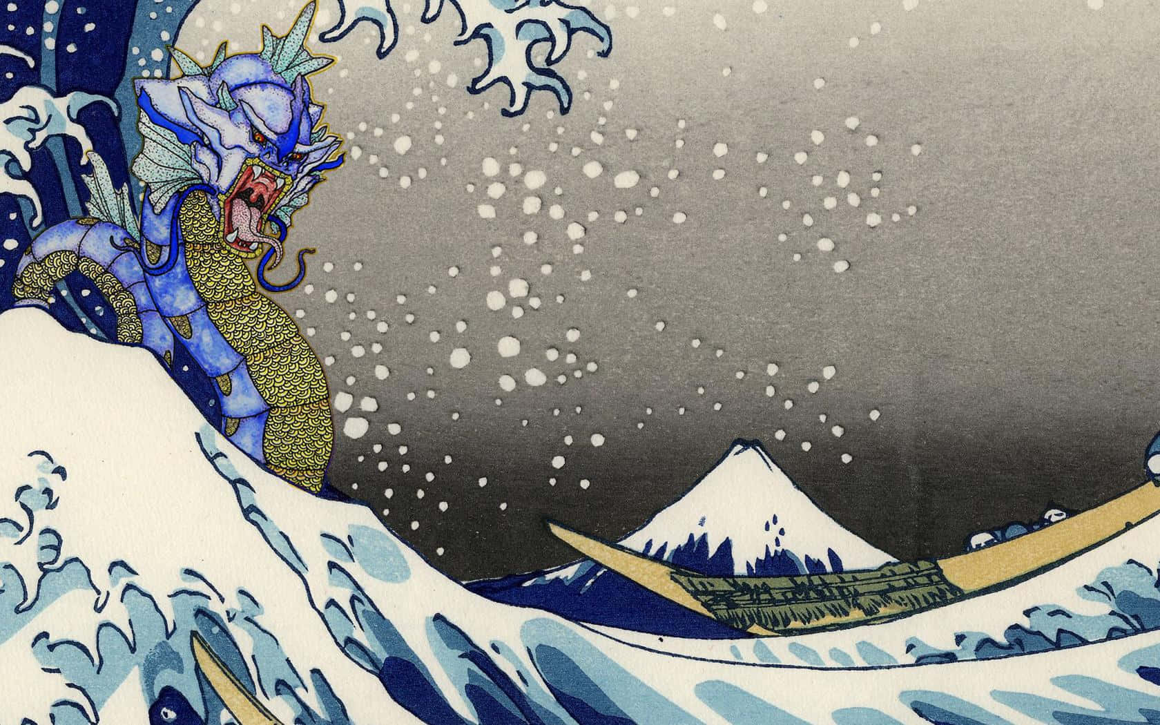 The Great Wave With Dragon Background