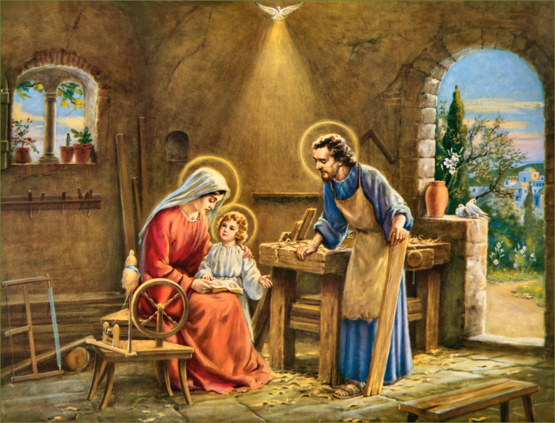 The Holy Family And Joseph's Carpentry Background