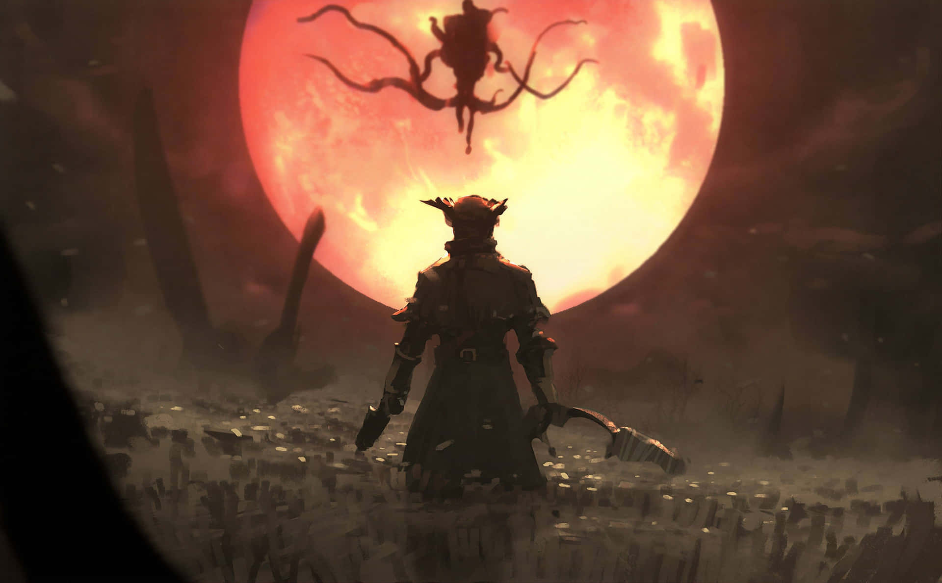 The Hunter And Moon Presence Bloodborne 4k Hd Background
