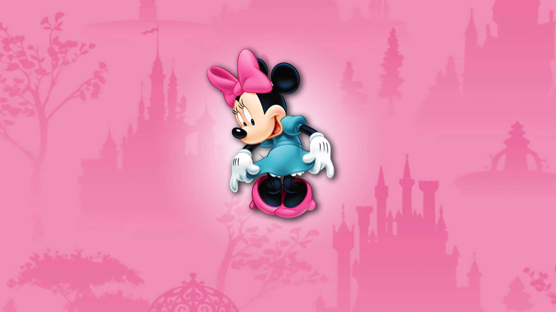 The Iconic Minnie Mouse Dressed In A Soft Pink Outfit. Background