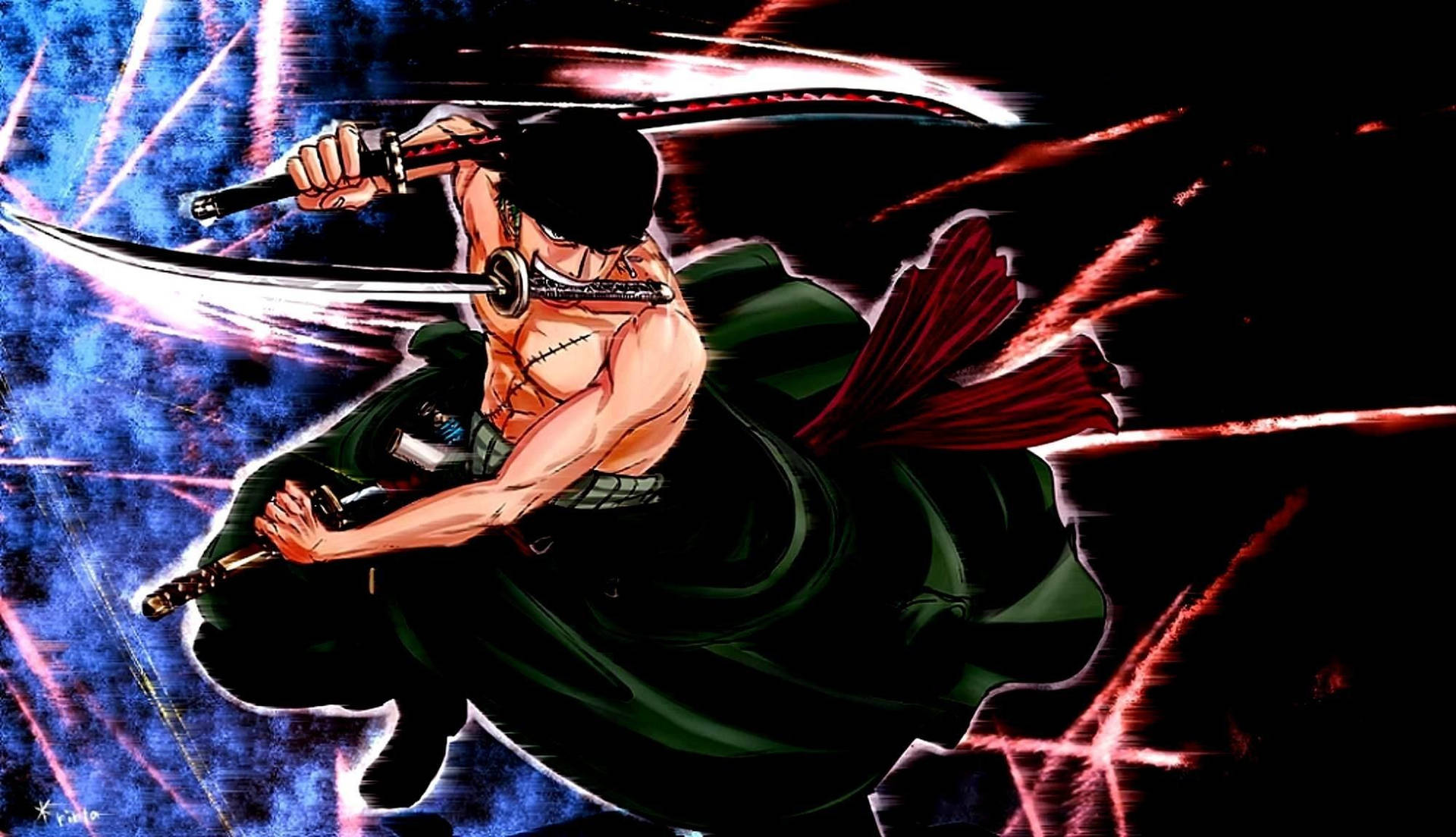 The Iconic Roronoa Zoro Leaps Into Action With His Blazing Swords. Background