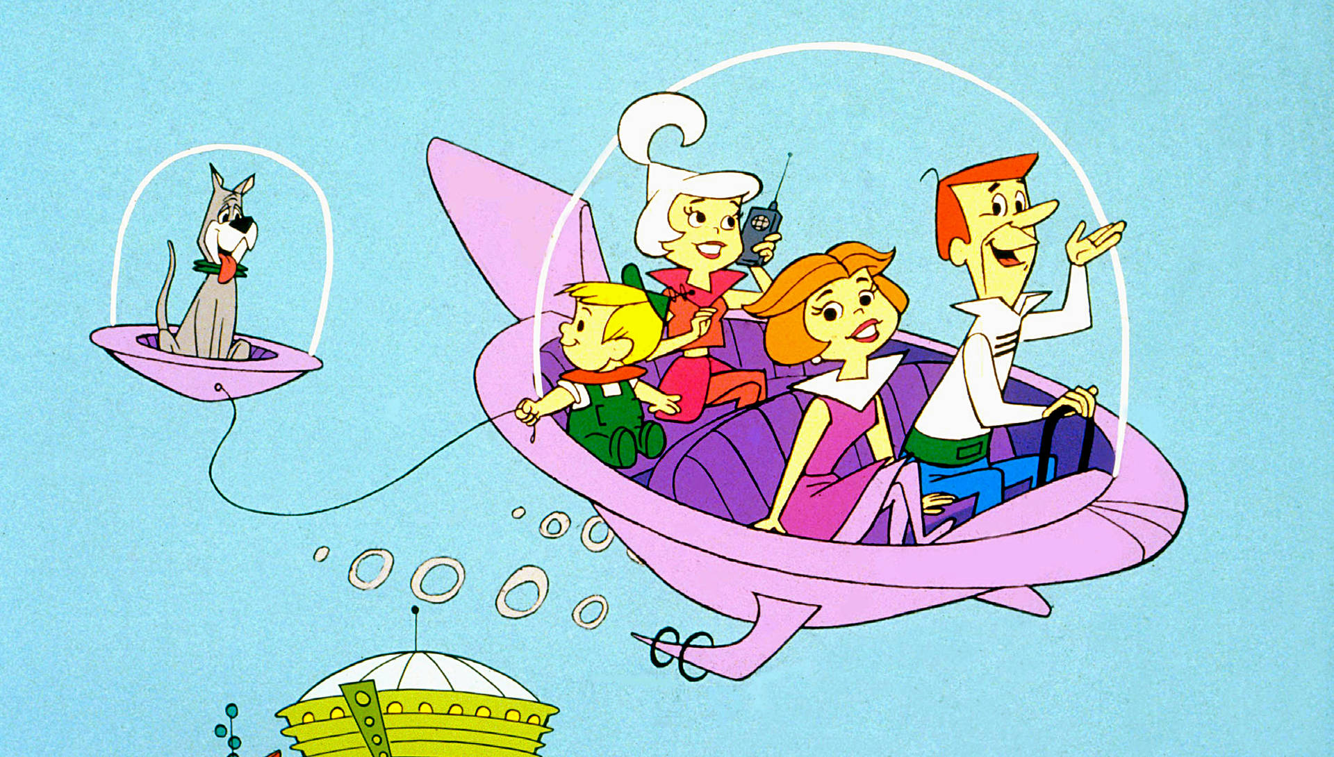 The Jetson Family In Their Iconic Flying Car Against A Pink Galactic Background Background