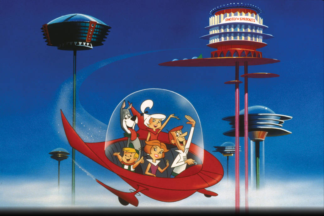 The Jetsons Riding Dark Red Space Car Background