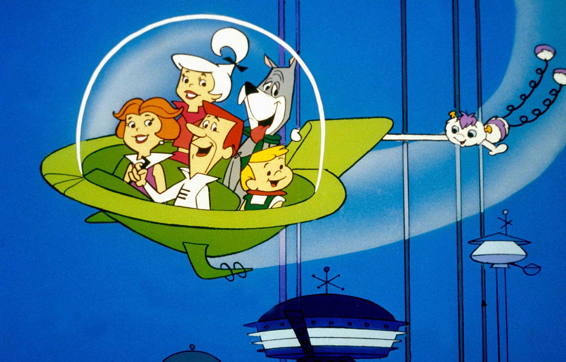 The Jetsons Riding Green Space Car