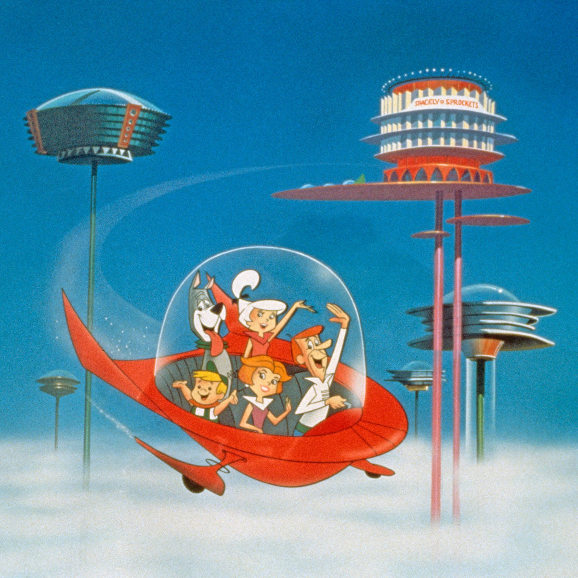 The Jetsons Riding Red Space Car Background