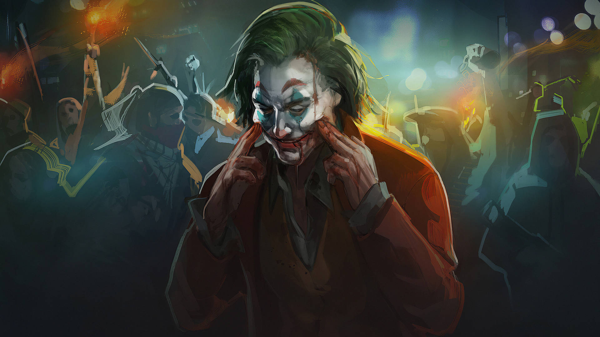 The Joker Is In Front Of A Crowd Of People