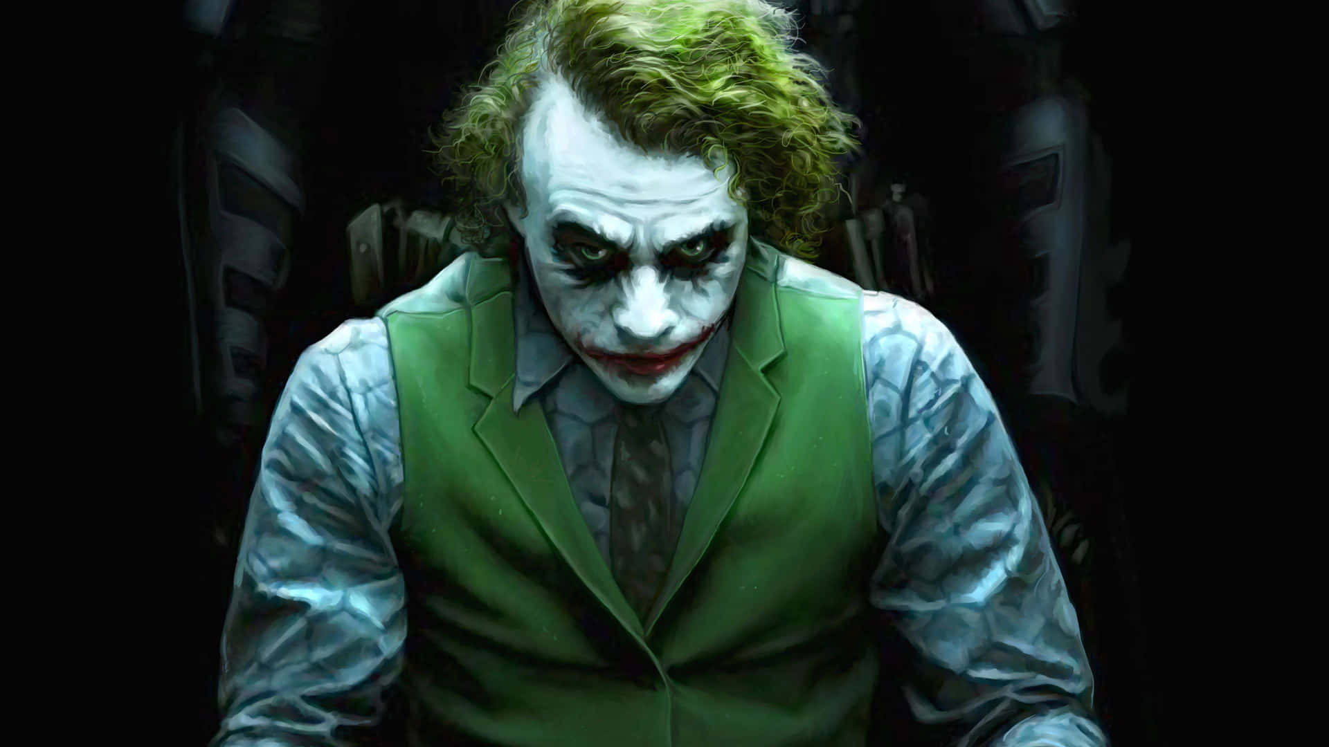 The Joker Is Sitting In Front Of A Dark Background