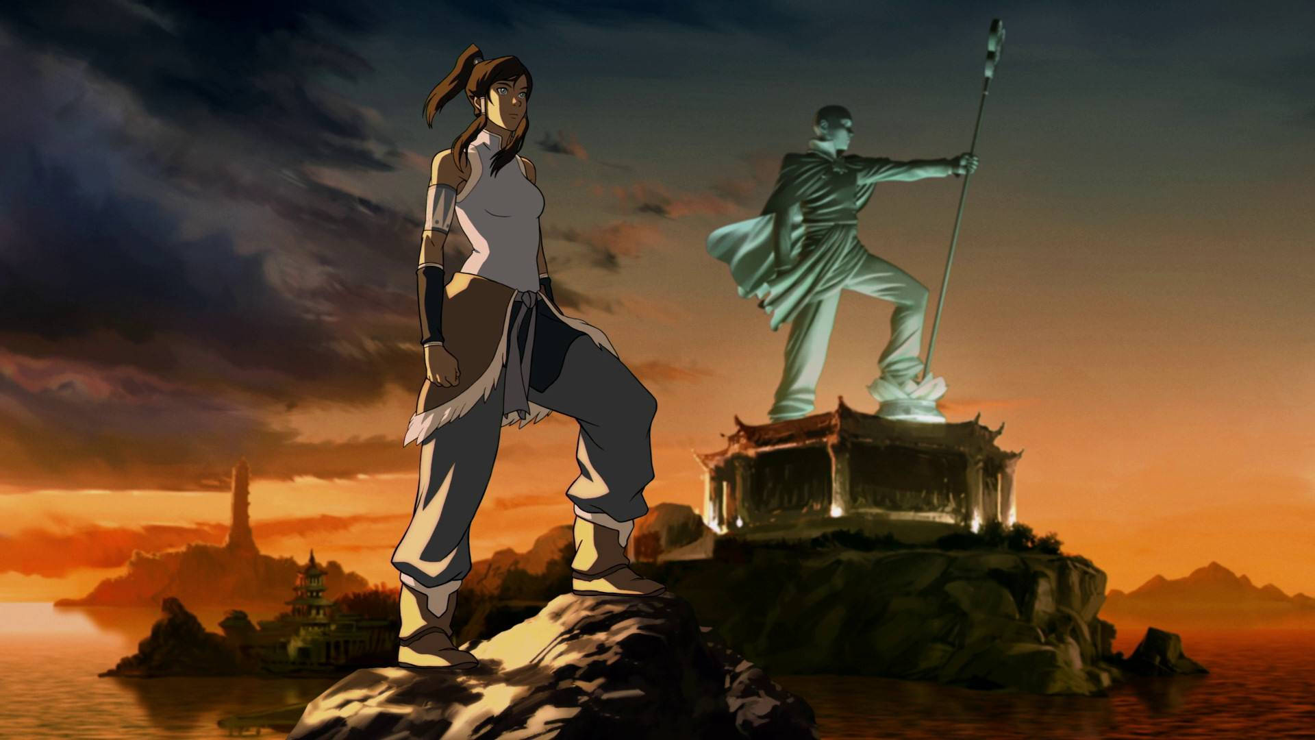 The Legend Of Korra With Aang Statue Background