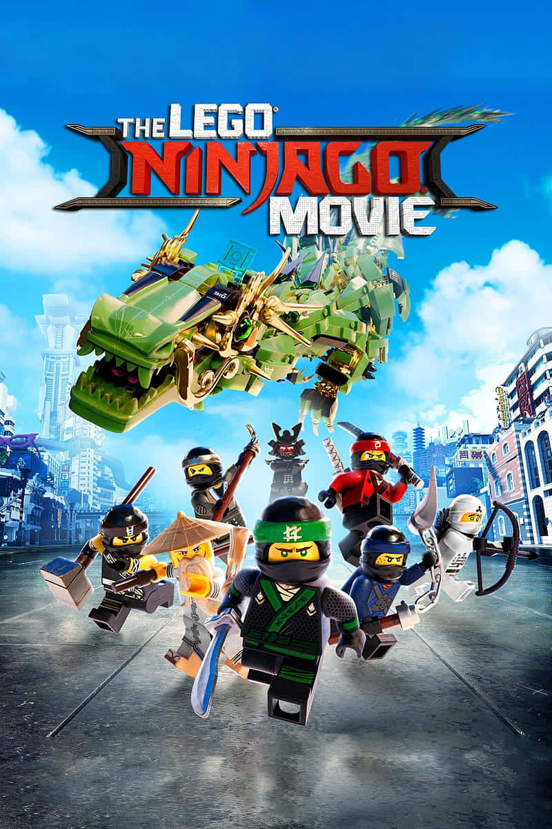 The Lego Ninjago Heroes Ride Their Dragon Ally In A Scene From The Movie.