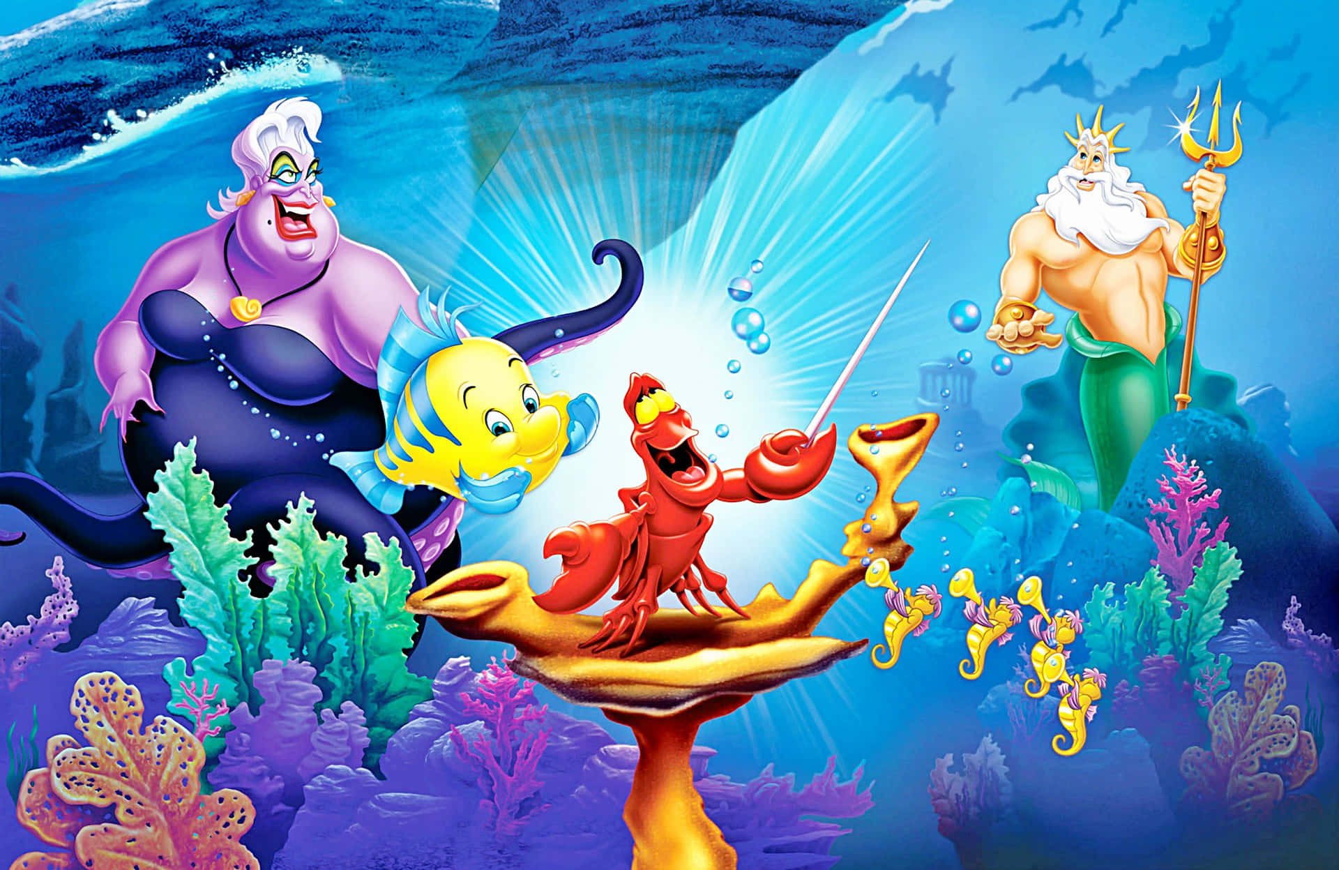 The Little Mermaid Characters Under The Sea Background