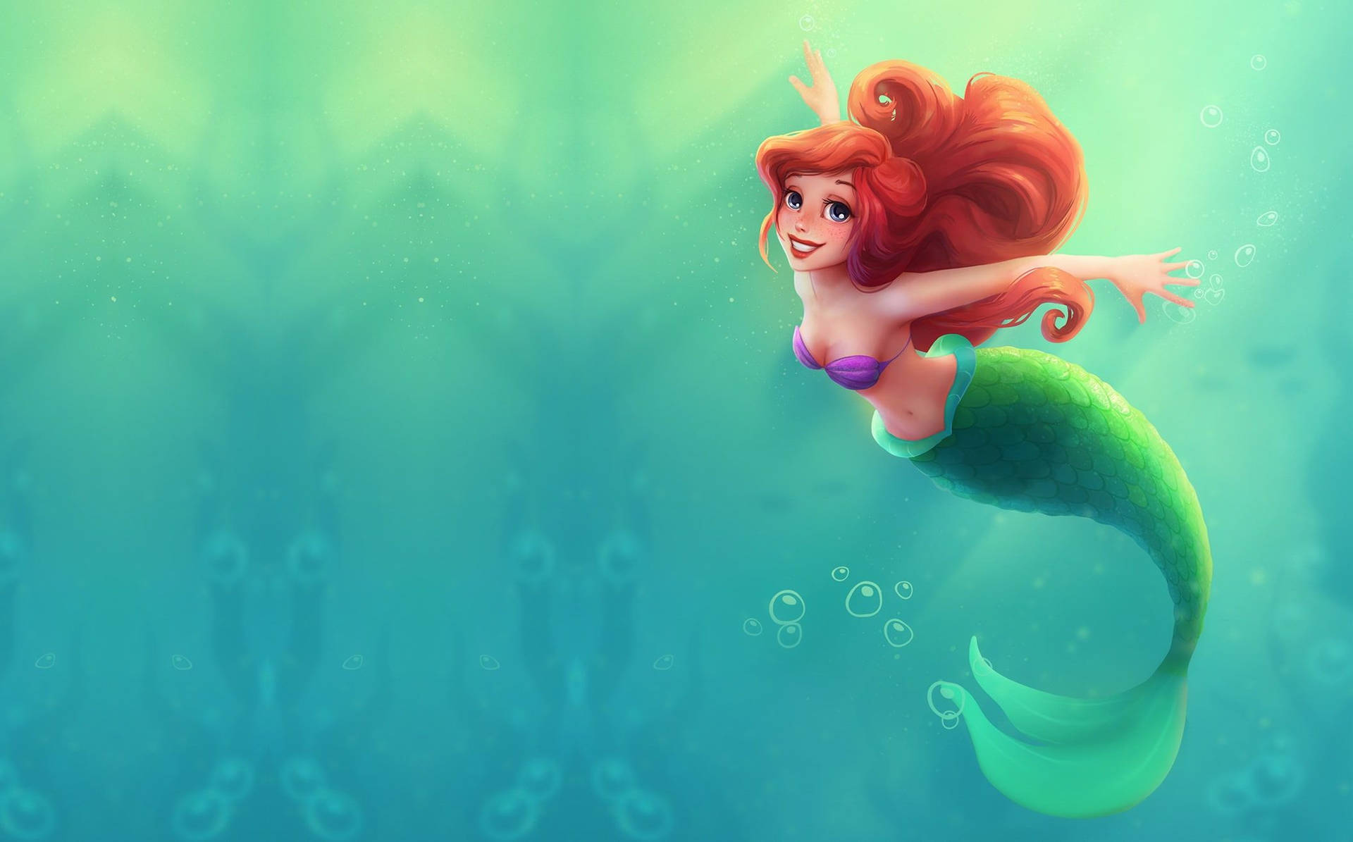 The Little Mermaid In Green Tail Background