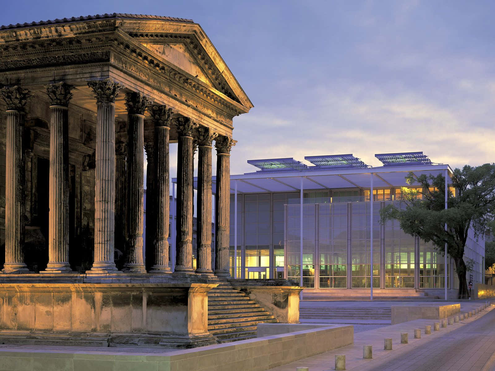 The Maison Carrée Amid Modern Architecture Background