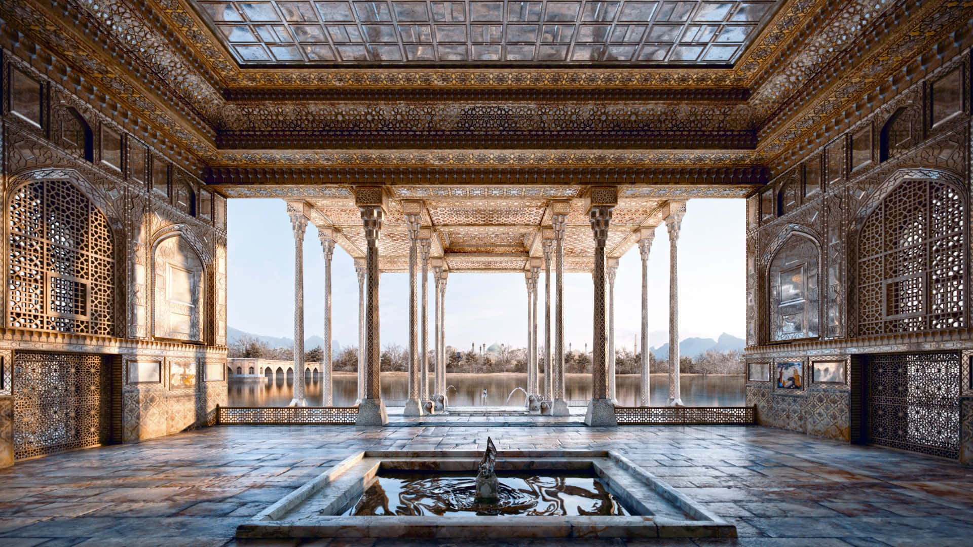 The Majestic Chehel Sotoun Pavilion In Isfahan, Iran Background