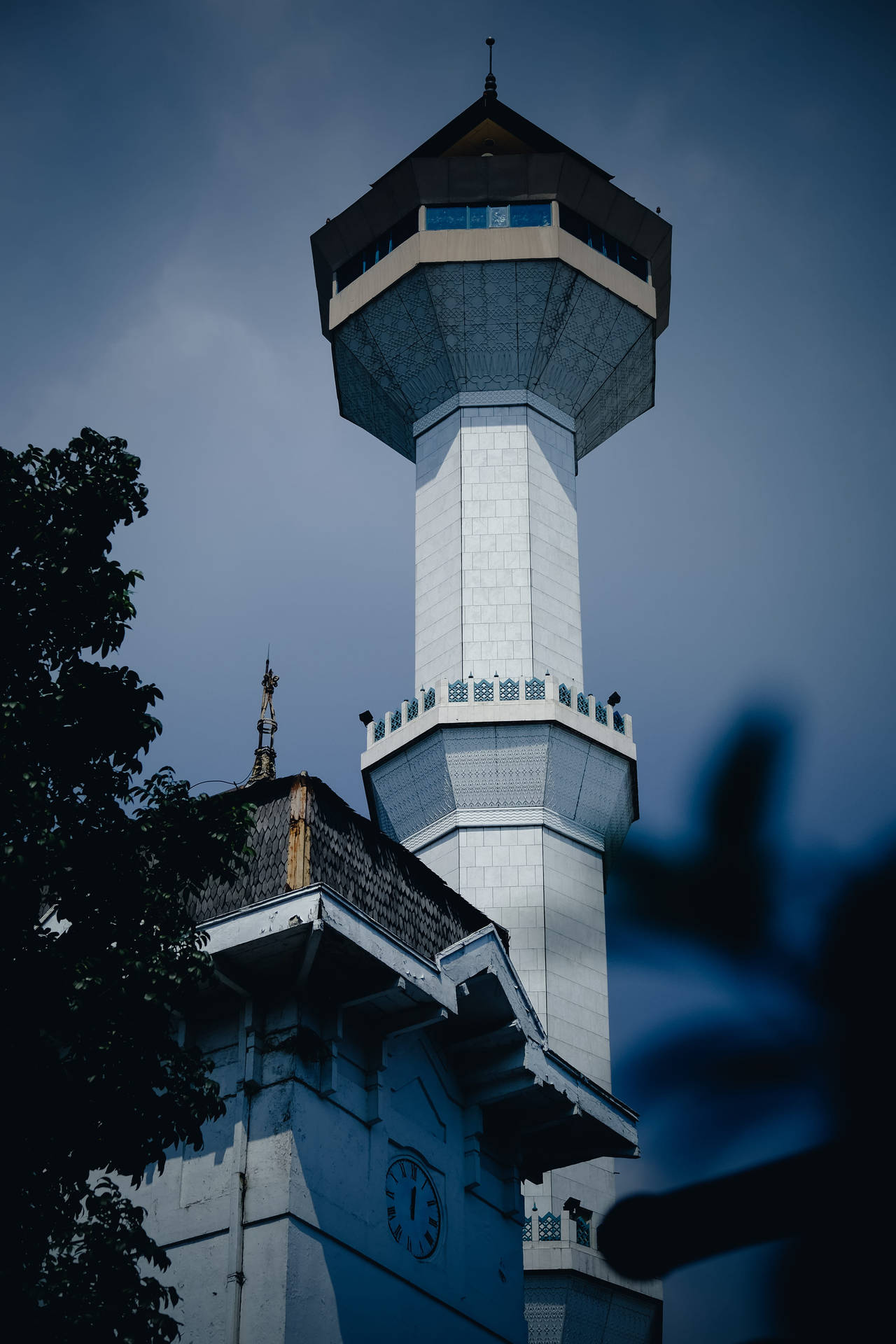 The Majestic Clock Tower Of Bandung Mosque In Sunset Background