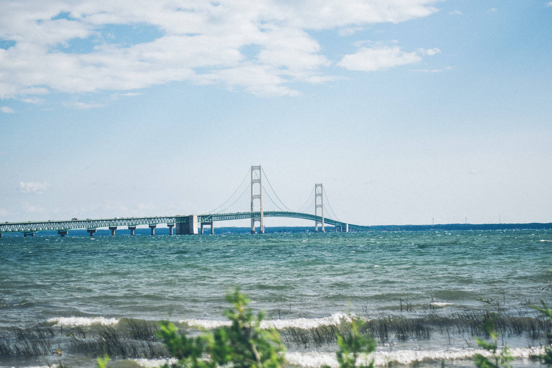 The Majestic Mackinac Bridge Stretching Across The Serene Blue Waters Background