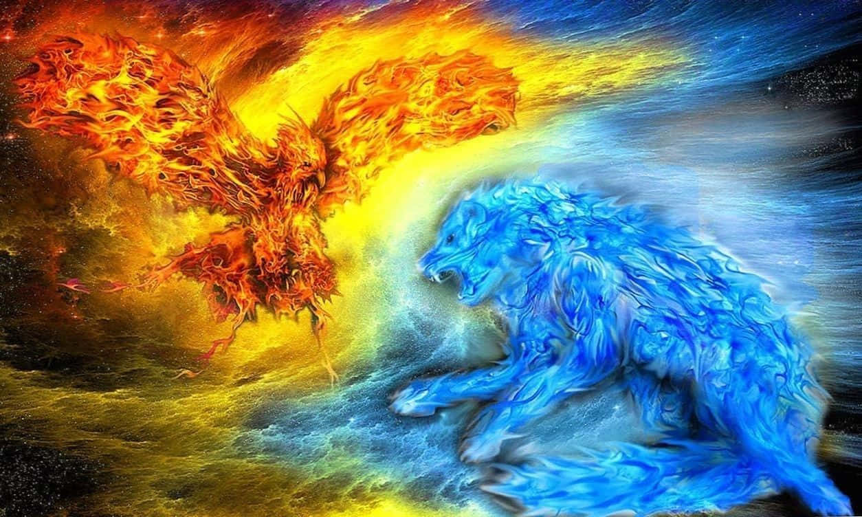 The Majestic Water And Fire Wolf Background