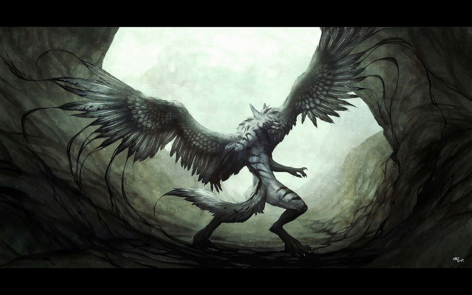 The Majestic Winged Wolf Background