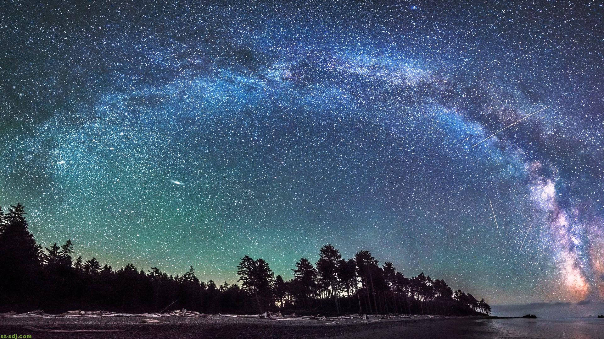 The Milky Is Seen Over A Beach And Trees Background