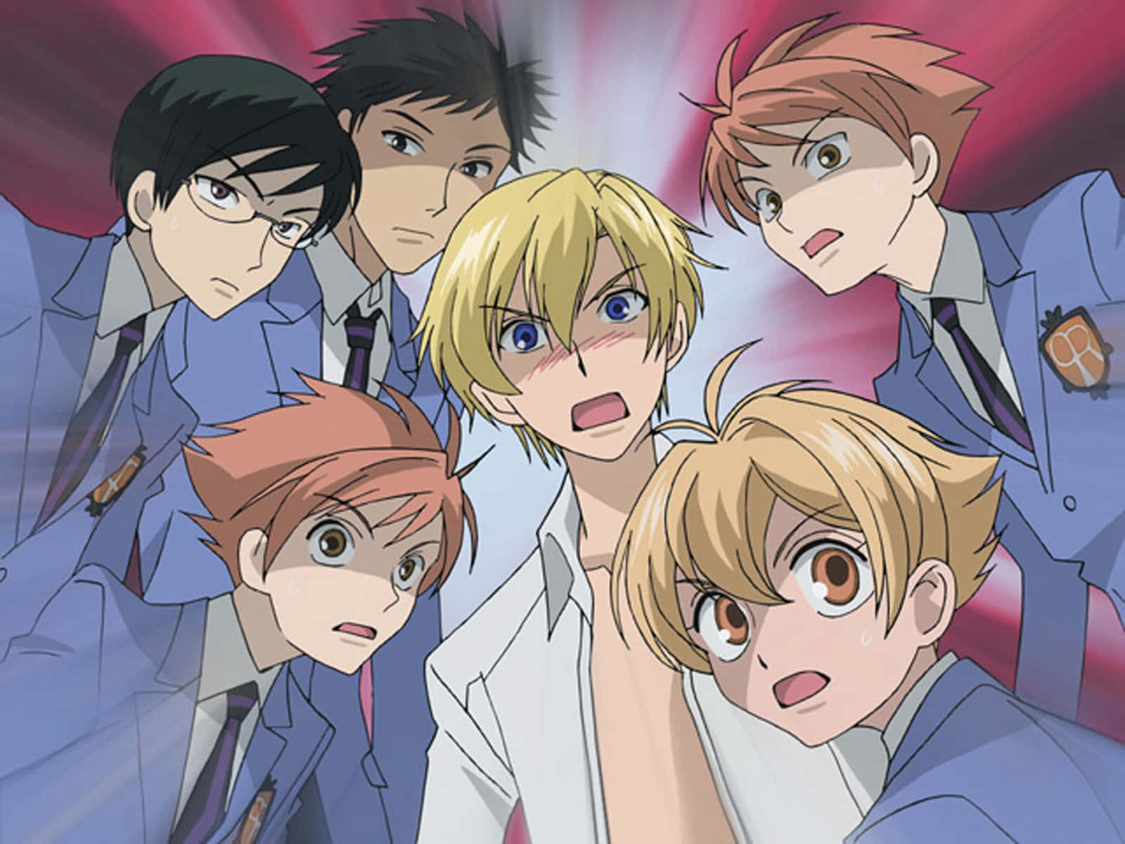 The Ouran High School Host Club Members Posing Together With A Cheerful Background. Background