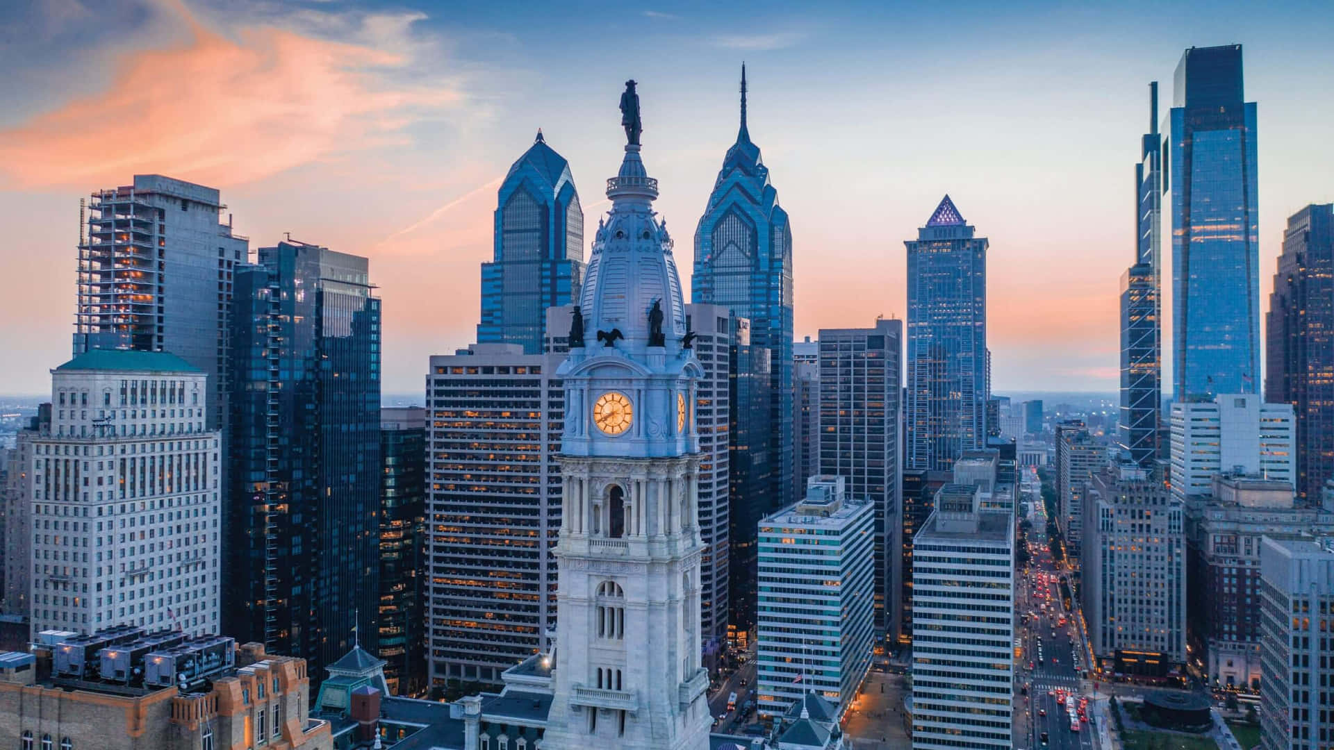 The Philadelphia Skyline At Dusk Background