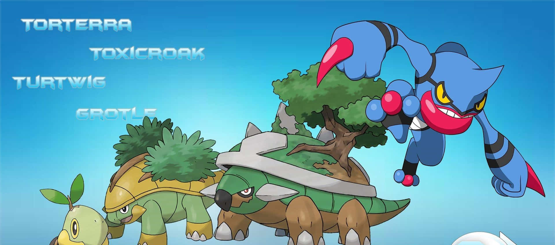 The Power Duo: Toxicroak And Torterra, Evolution Of Turtwig To Grotle Against A Dreamy Blue Backdrop. Background