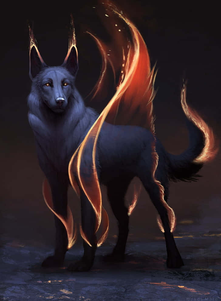 The Power Of Two Elements - Water And Fire - Embodied In A Single Wolf Background
