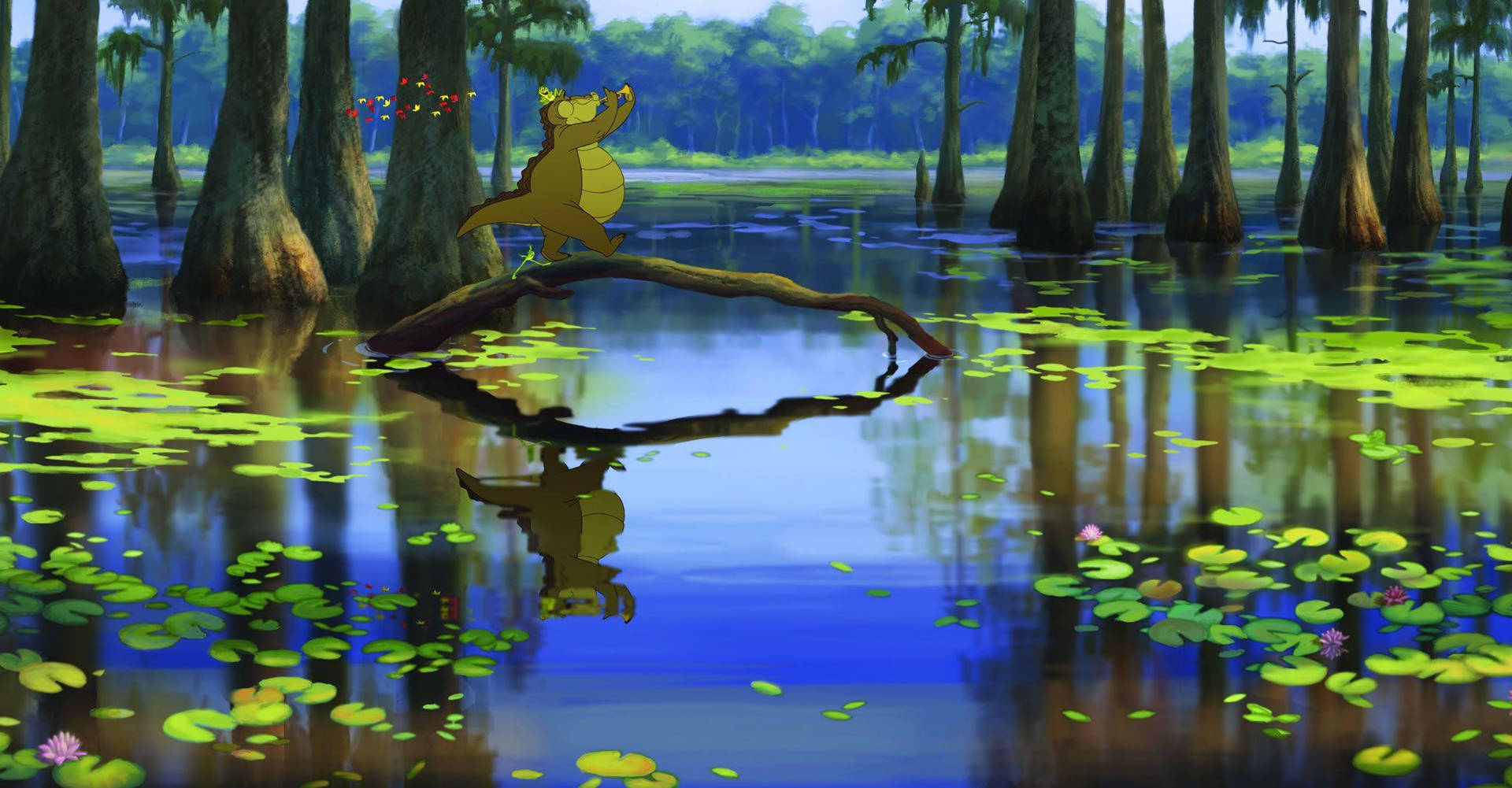 The Princess And The Frog In A Swamp Background