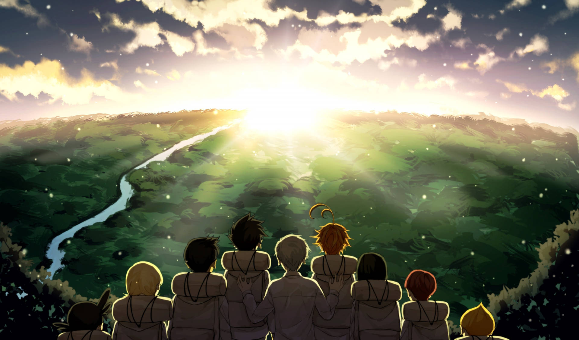 The Promised Neverland Anime Characters In A Forest Background