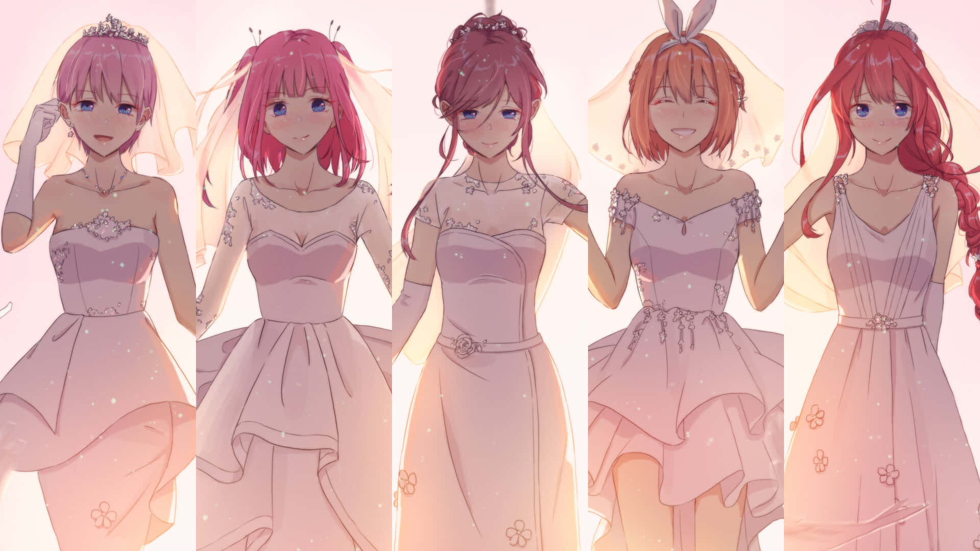 The Quintessential Quintuplets In Pink Dresses Background