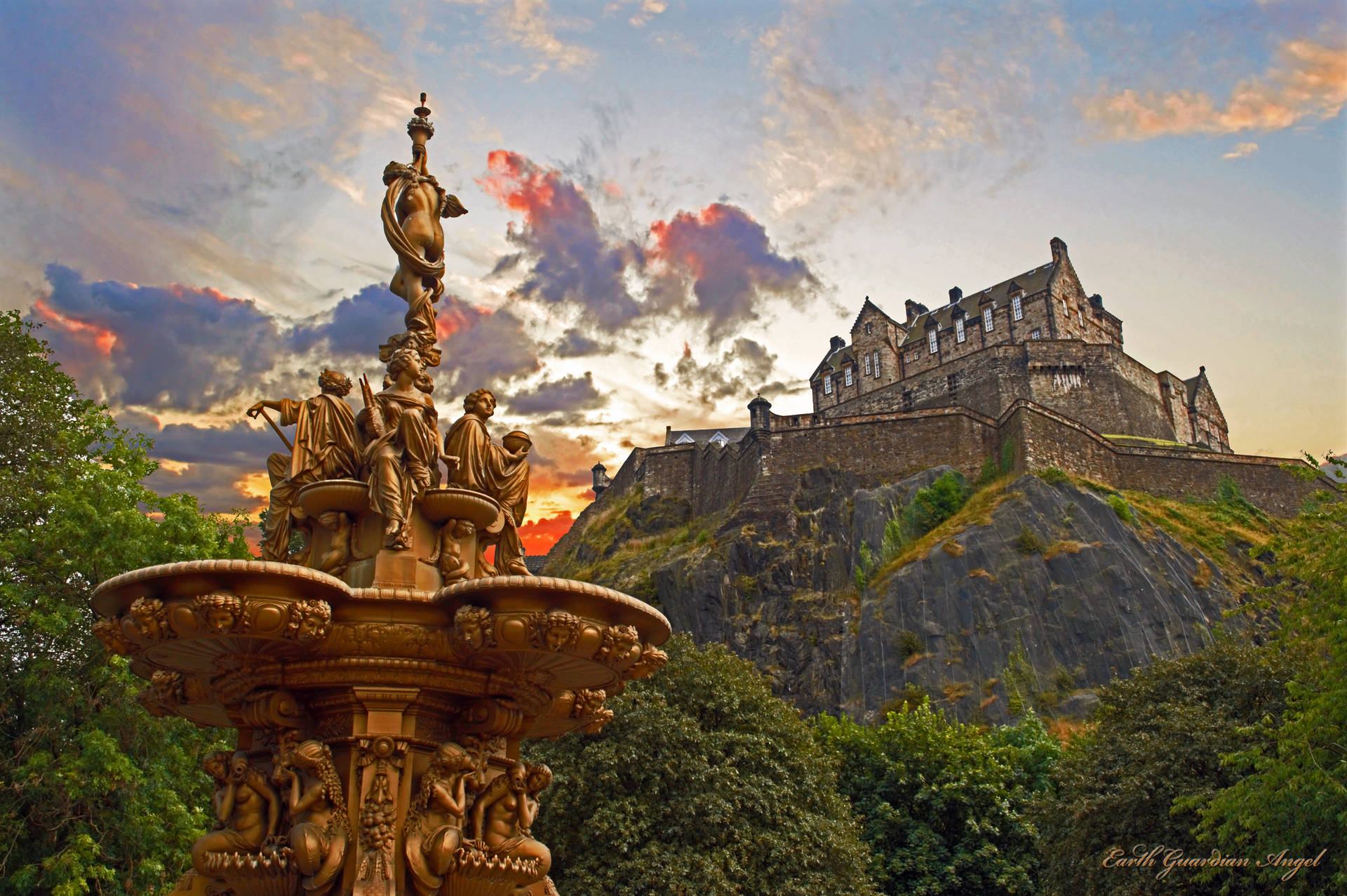 The Ross Fountain Below Edinburgh Castle Background