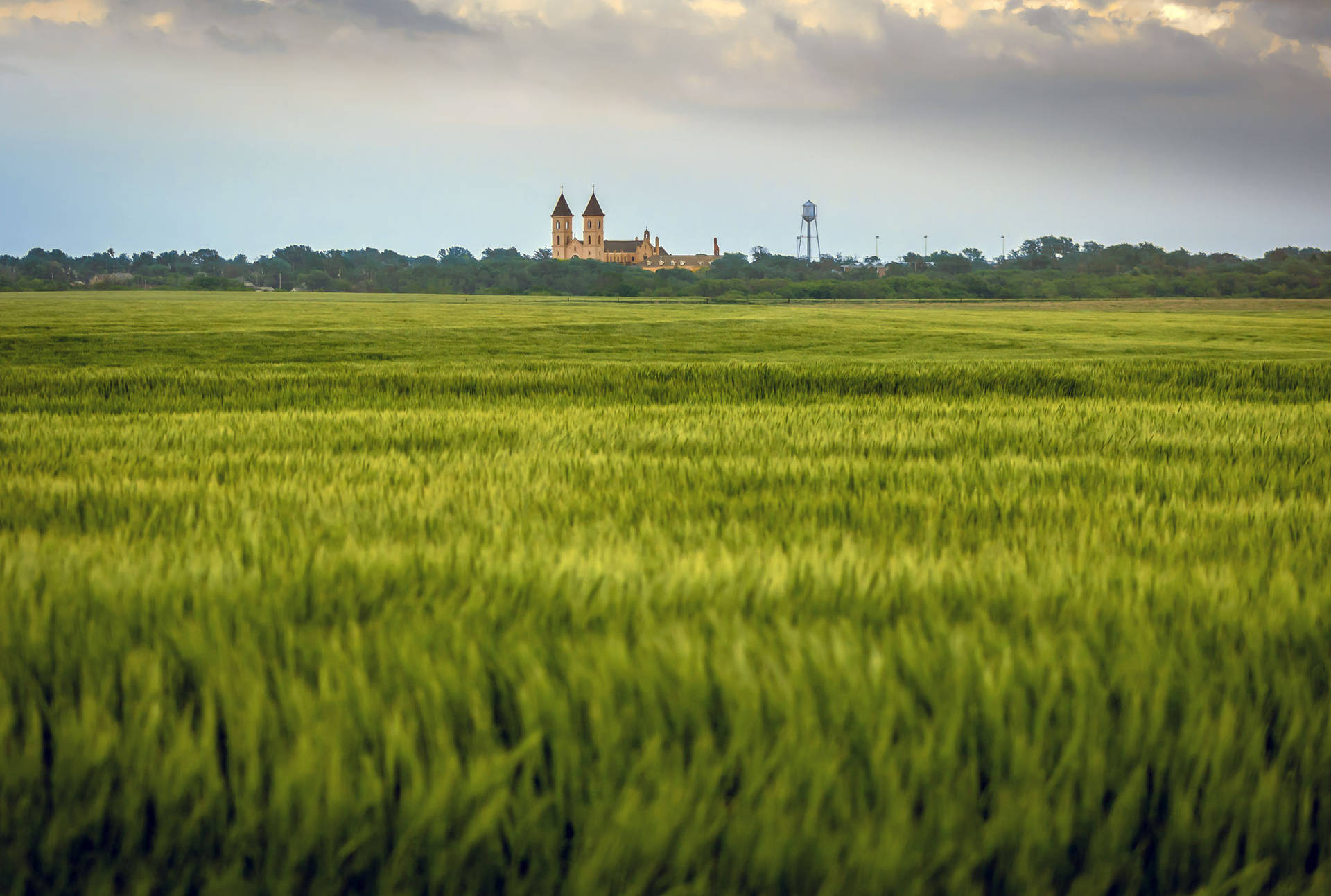 The Scenic Beauty Of St. Fidelis Basilica Surrounded By Golden Fields In Kansas Background