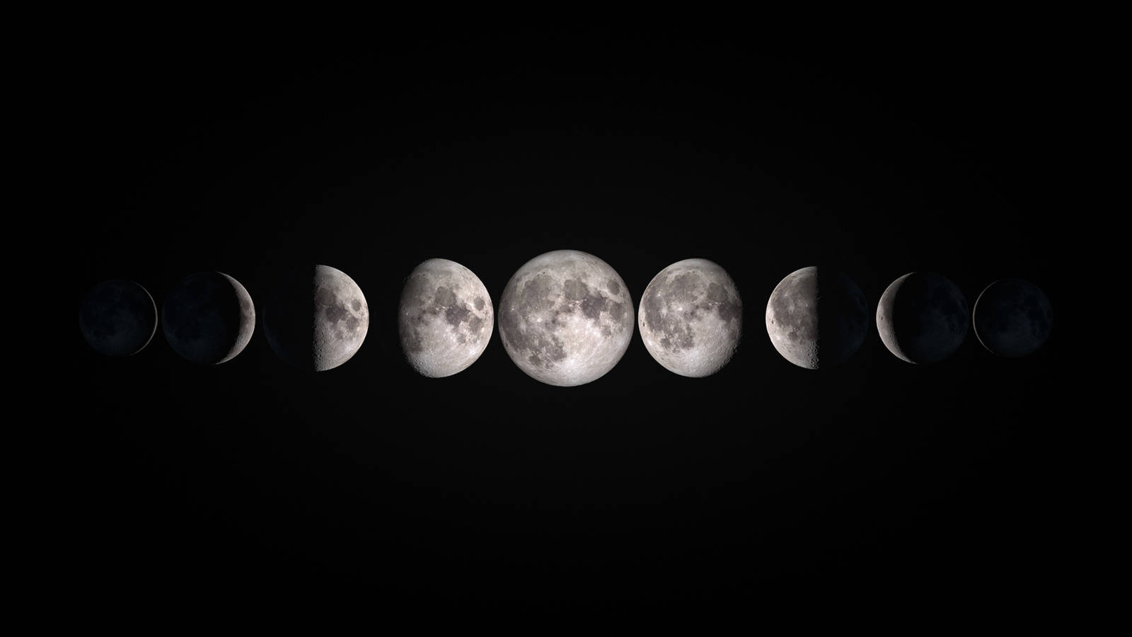 The Seven Phases Of The Moon In A Dark Sky