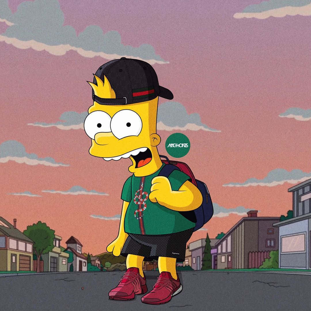 The Simpsons Character Is Walking Down The Street Background