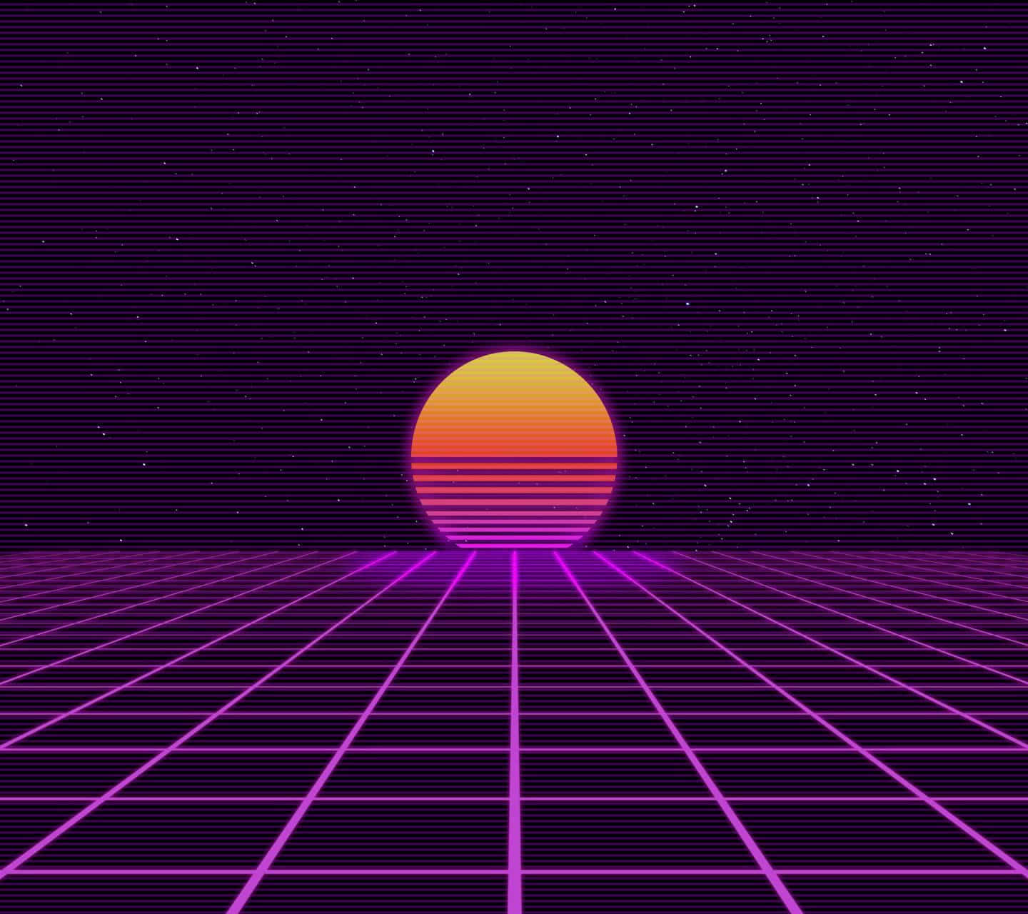 The Sky Reflects An Orange, Red, And Yellow Hue As The Sun Sets Over A Dreamy Retro Landscape. Background