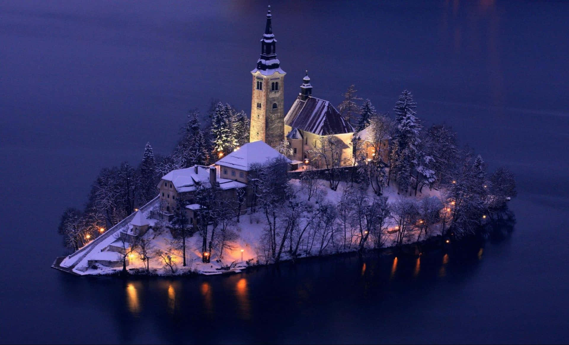 The Snowed Island In Lake Bled At Night