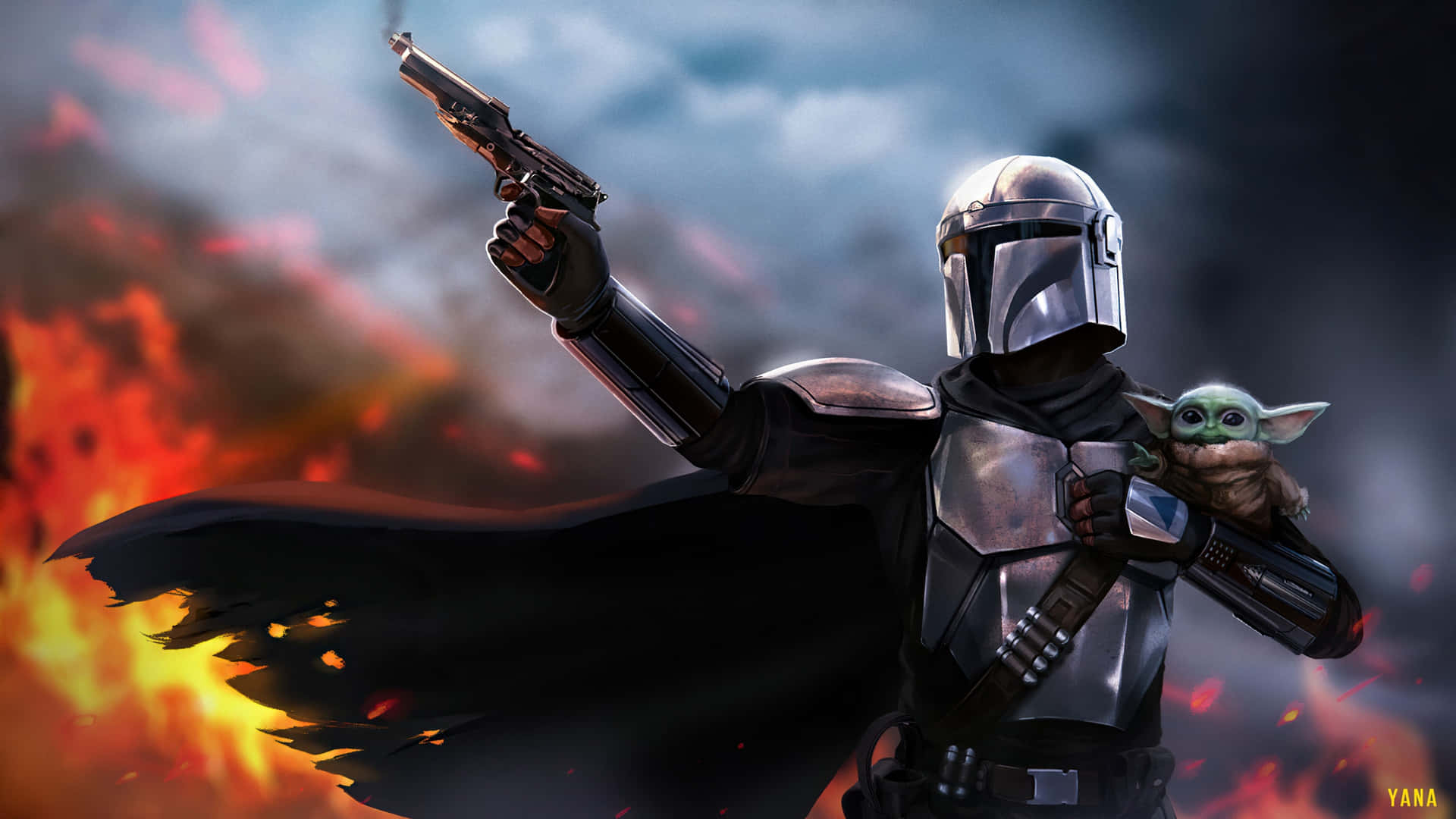 The Star Wars Mandalorian With A Gun And A Yoda Background