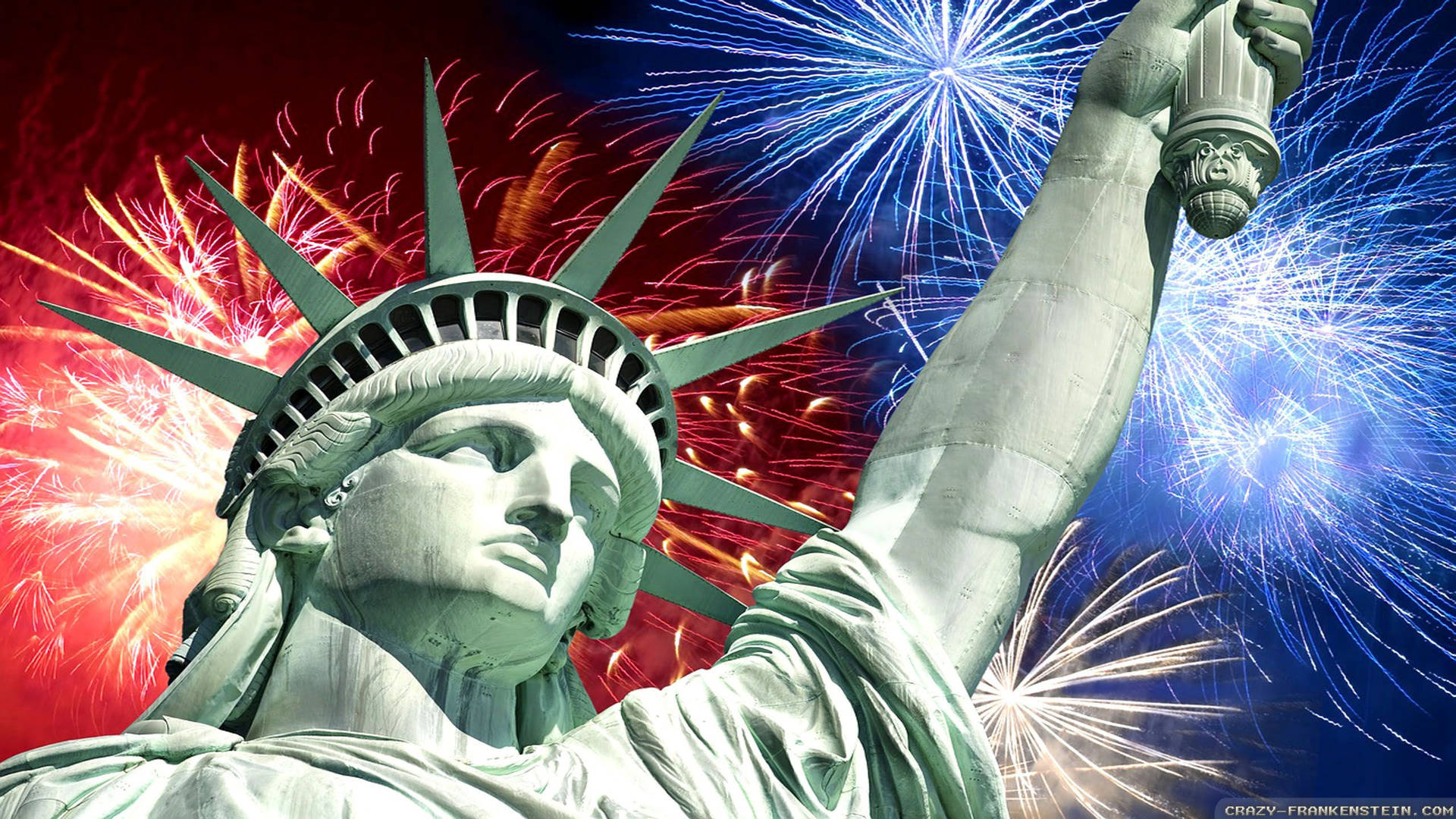 The Statue Of Liberty Is Shown With Fireworks In The Background Background
