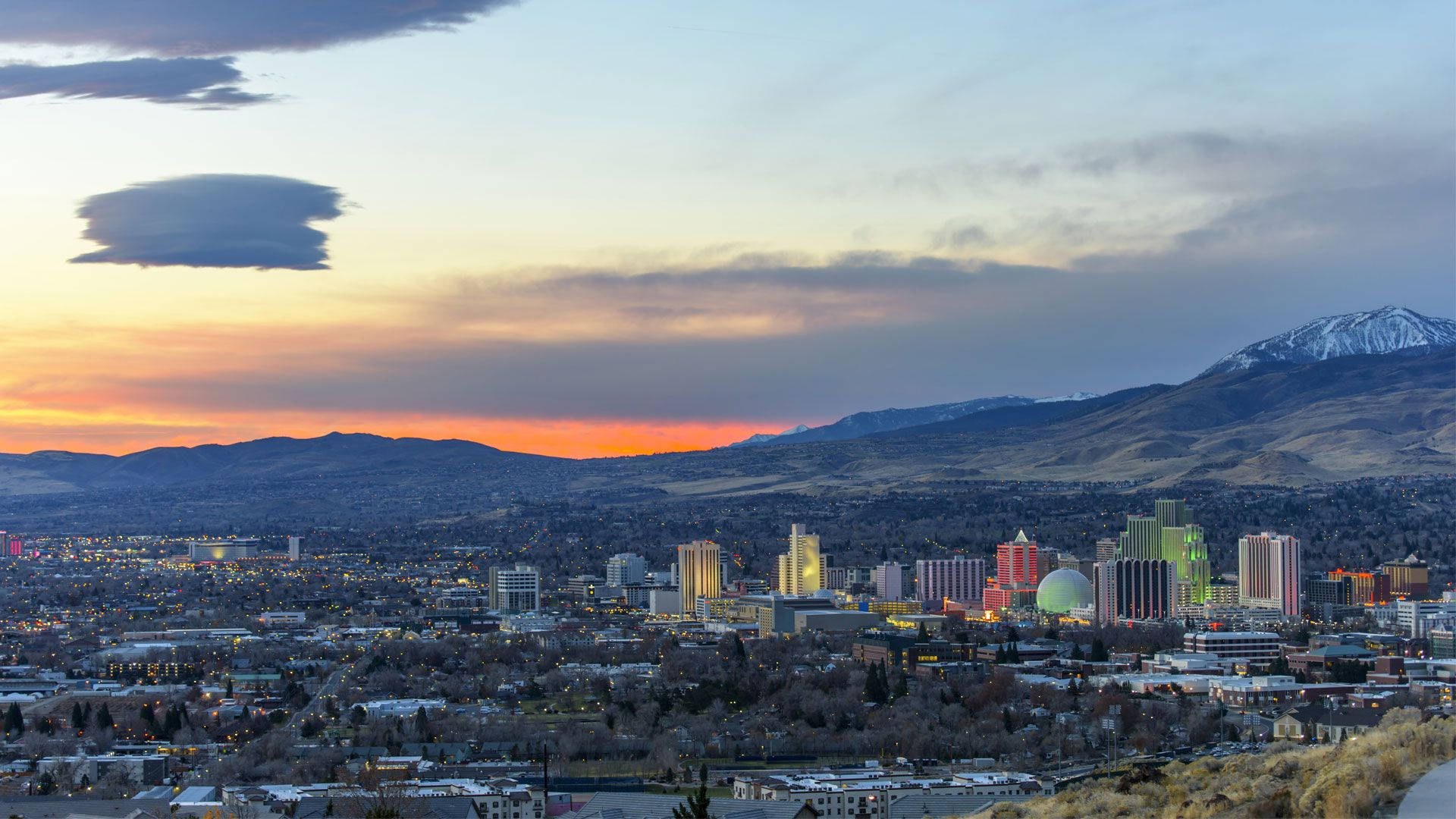 The Stunning View Of Reno's Skyline At Sunset.