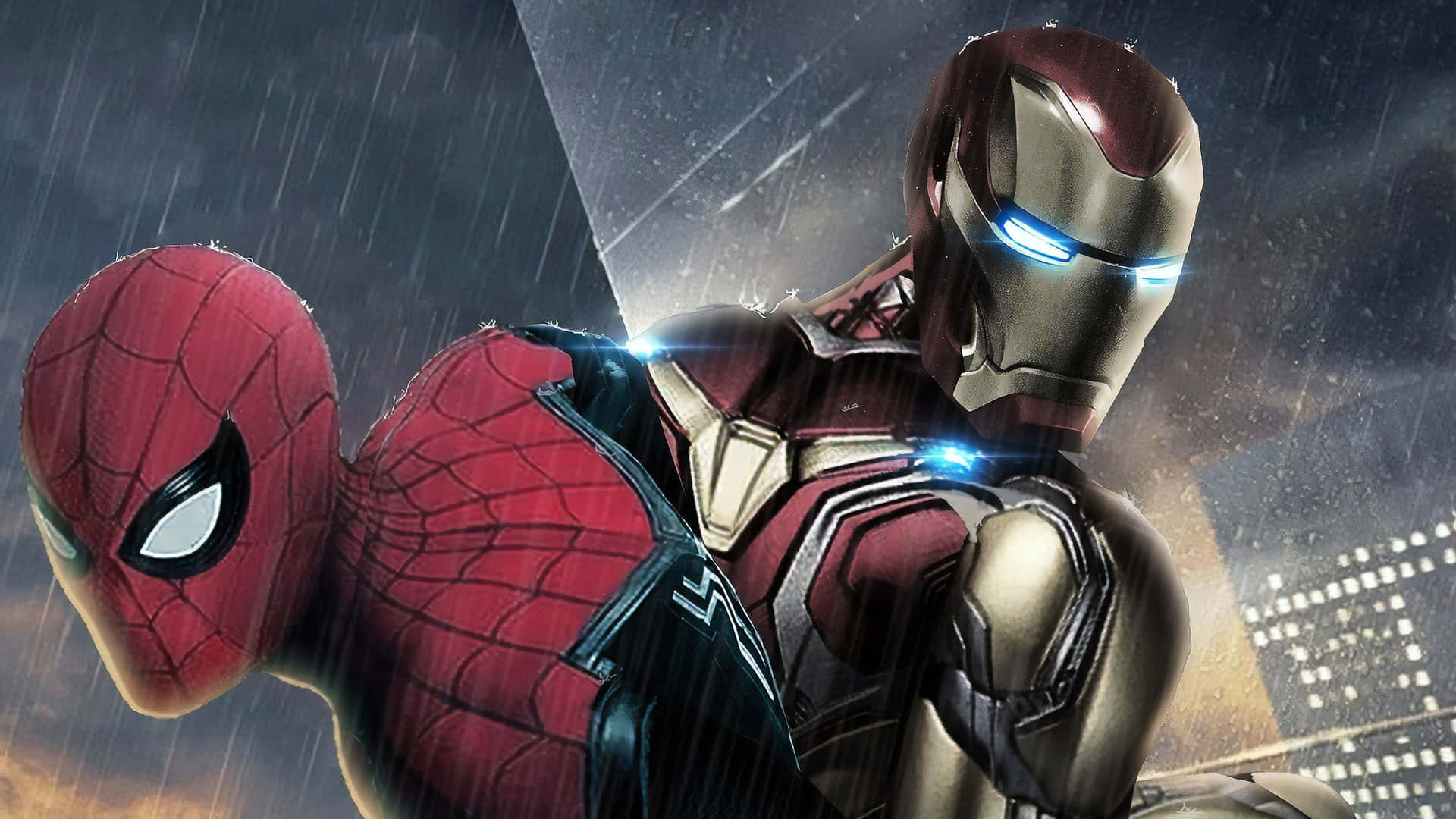 The Superhero Duo Spider Man And Iron Man Protect The City Together Background