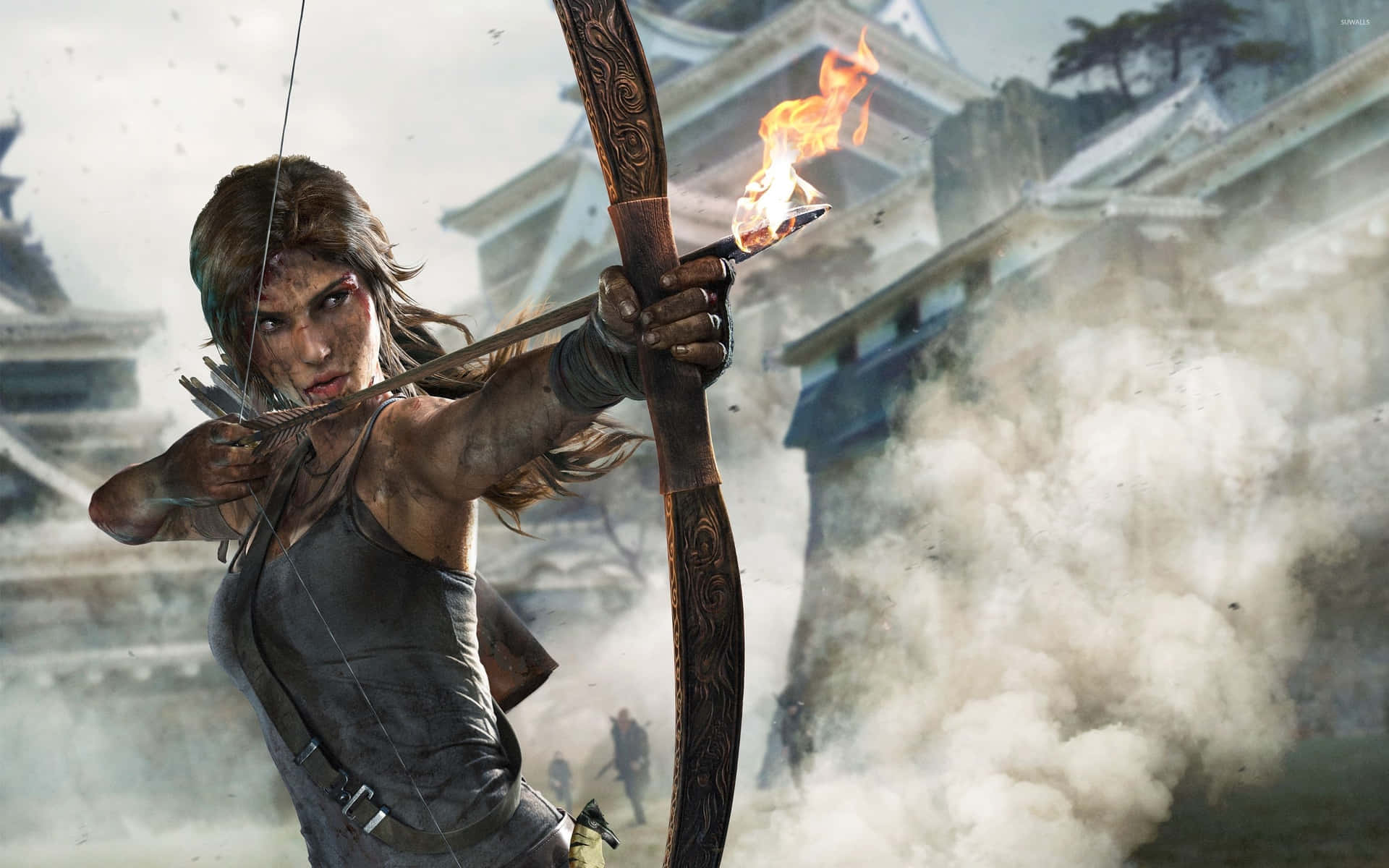 The Tomb Raider Is Aiming Her Bow At A Castle Background